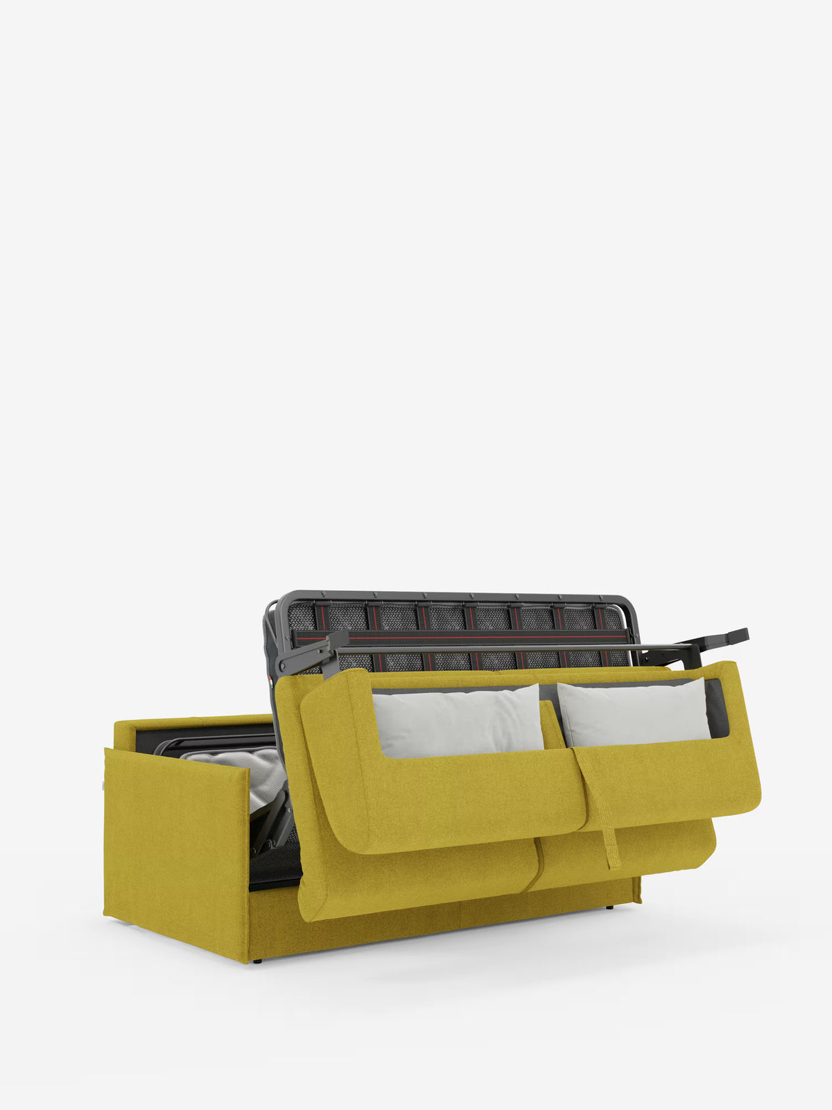 Il divano letto matrimoniale sfoderabile Evans di Divani.Store, qui presentato con un moderno rivestimento giallo, si caratterizza per un design compatto, con lo schienale e la seduta sollevabili per rivelare una struttura letto in metallo nero e un materasso grande estraibile. Due cuscini bianchi sono riposti con cura nel porta guanciali integrato nella parte anteriore. Realizzato in tessuto T23 facile da pulire, questo divano salvaspazio risalta su uno sfondo bianco a tinta unita.