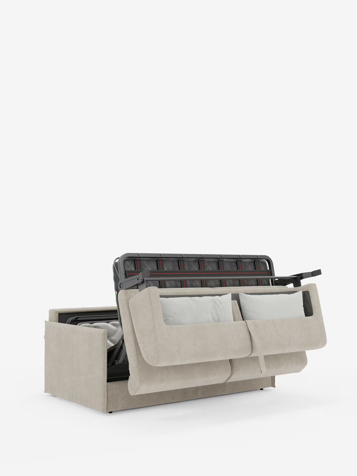 Il divano letto matrimoniale sfoderabile Evans di Divani.Store presenta un design compatto in beige, con due cuscini dello schienale ribaltati in avanti per rivelare la struttura metallica estraibile sottostante e due cuscini di seduta. Raffigurato qui parzialmente esteso, questo pratico divano salvaspazio — realizzato in tessuto T23 facile da pulire — dimostra con quanta facilità si trasformi da elegante divano a comodo materasso matrimoniale, completo di un pratico vano porta-cuscini.