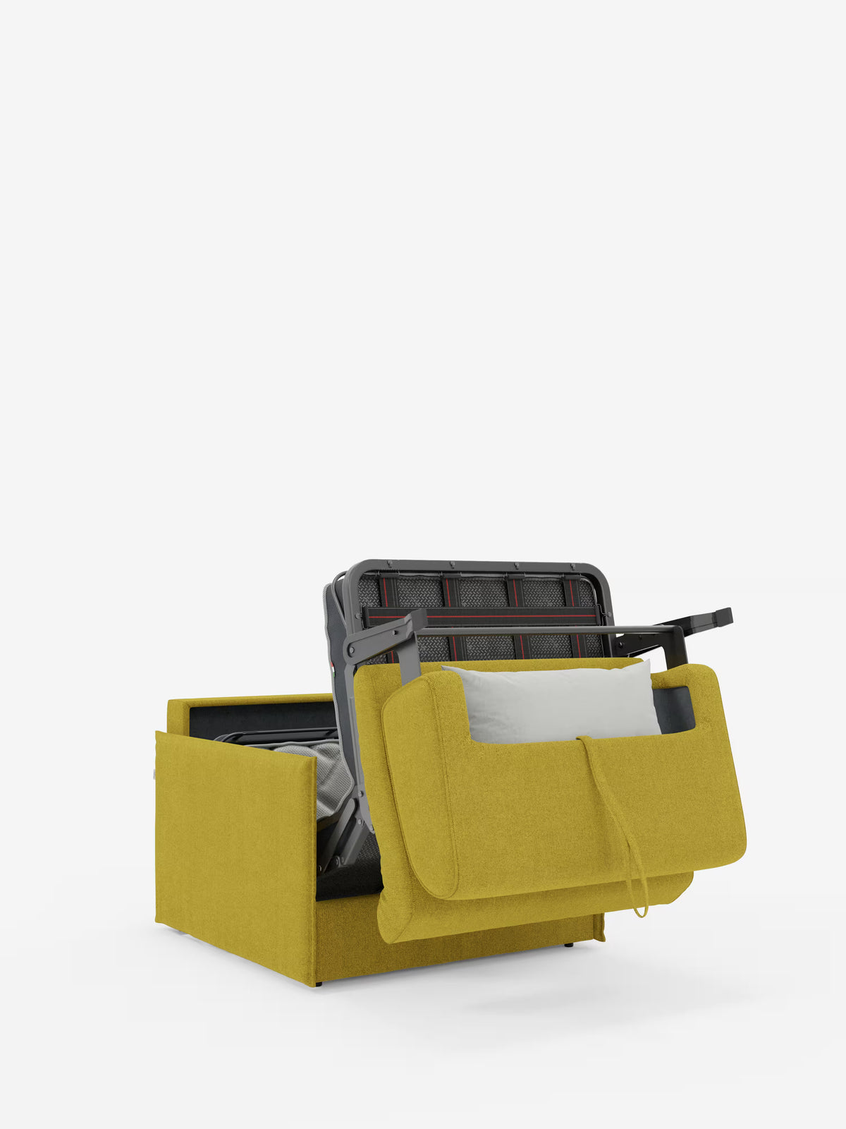 La poltrona letto compatta Evans con materasso di Divani.Store è qui presentata in una vivace finitura gialla, parzialmente aperta per rivelare il suo pratico letto estraibile. La struttura e gli eleganti cuscini sono ben visibili, accompagnati da un cuscino bianco candido posato sulla seduta. Perfetta come poltrona letto singola o come soluzione per un posto letto in più (letto aggiuntivo), questo modello salvaspazio presenta un rivestimento sfoderabile in tessuto T23 antimacchia, che risalta sullo sfondo