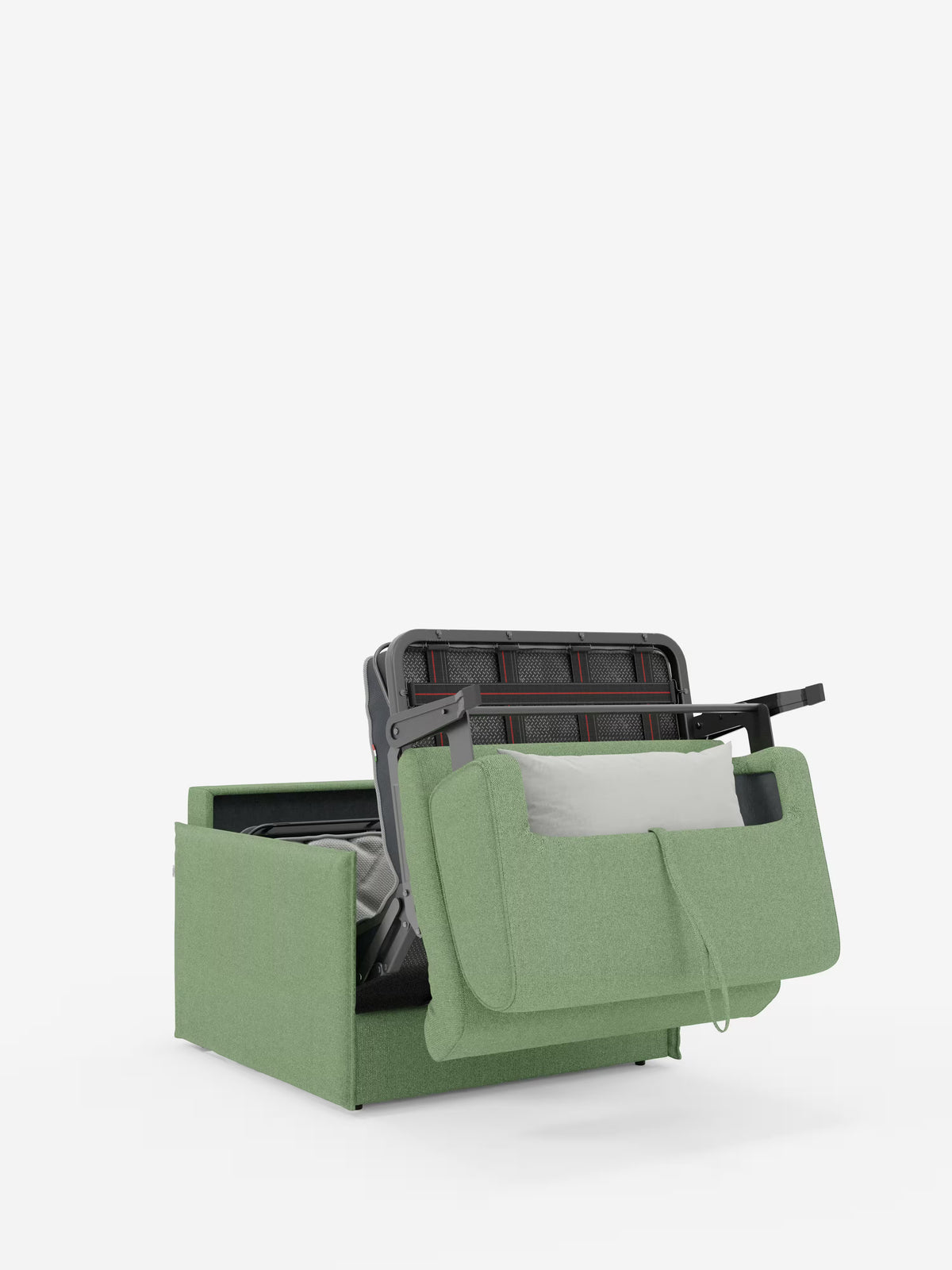 Vi presentiamo la poltrona letto compatta con materasso Evans di Divani.Store: una versatile poltrona ecologica con la parte superiore parzialmente sollevabile che rivela al suo interno una struttura letto e un materasso ripiegati con cura. Progettata come poltrona letto salvaspazio, presenta una robusta struttura nera impreziosita da dettagli rossi e un cuscino di colore chiaro integrato. Il materasso incluso, delle dimensioni di 70 x 197 cm, offre un comodo spazio letto singolo, mentre il rivestimento