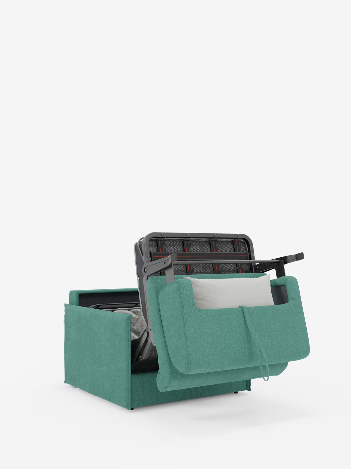 La poltrona letto compatta Evans con materasso di Divani.Store è realizzata in tessuto color verde acqua resistente alle macchie e presenta un design ingegnoso che permette di trasformarla facilmente da poltrona imbottita a comodo letto singolo. Basta estrarre la seduta e appiattire lo schienale per scoprire il suo accogliente materasso da 70x197 cm. Un cuscino grigio chiaro aggiunge un tocco di stile nella parte anteriore, il tutto su uno sfondo bianco a tinta unita: questa poltrona letto compatta e