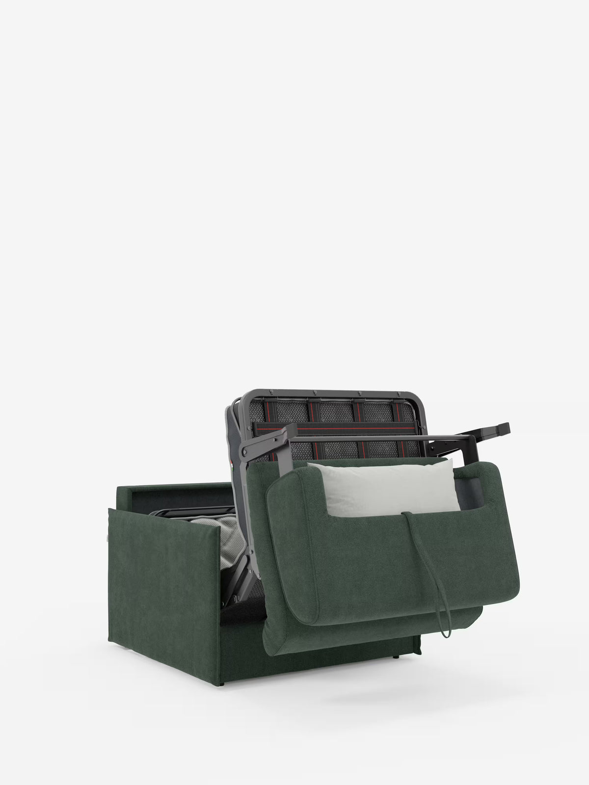 Ecco la poltrona letto compatta Evans con materasso di Divani.Store: una poltrona letto verde, imbottita, realizzata con maestria in tessuto T23 sfoderabile e resistente alle macchie. Presentata su uno sfondo bianco a tinta unita, la sua struttura metallica parzialmente estesa e il cuscino in dotazione mettono in risalto il suo ingegnoso design salvaspazio, perfetto come elegante letto aggiuntivo per qualsiasi stanza. Una pratica maniglia in tessuto sporge dalla struttura per una maggiore praticità.