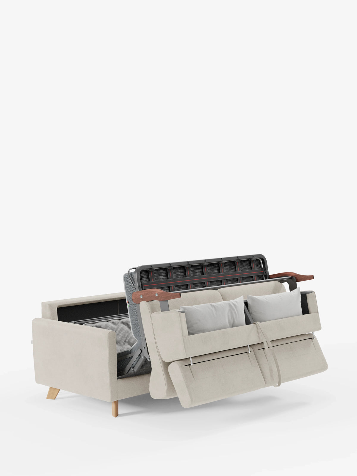 Il divano letto Francy con poggiatesta regolabili di Divani.Store, qui raffigurato in beige con gambe in legno, è parzialmente aperto per mostrare il suo meccanismo di letto estraibile. La seduta si solleva per rivelare un robusto supporto per il materasso, mentre due cuscini coordinati poggiano sui poggiatesta regolabili. Su uno sfondo bianco a tinta unita, questo divano letto rivestito in tessuto T30, 100% sfoderabile ed elegantemente resistente alle macchie, mette in risalto la sua versatilità come