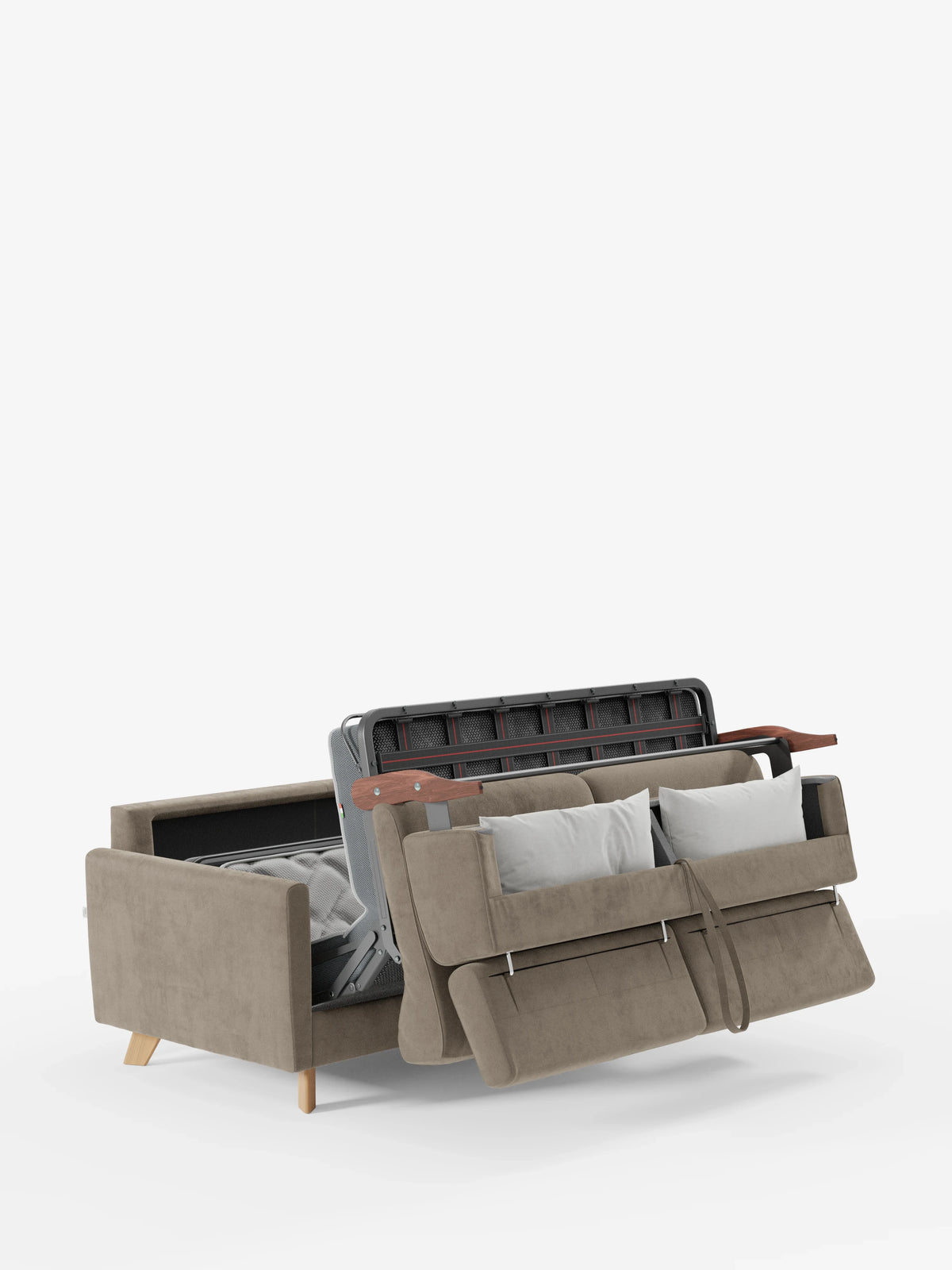 Il divano letto Francy con poggiatesta regolabili di Divani.Store, rivestito in elegante tessuto T30 resistente alle macchie nei toni del beige e con fodere completamente sfoderabili, è raffigurato parzialmente aperto per mostrare il materasso estraibile. Due cuscini grigio chiaro poggiano contro lo schienale, mentre i cuscini dello schienale e della seduta sono sollevati per rivelare il meccanismo di trasformazione del divano. Il mobile poggia su gambe in legno su uno sfondo bianco.