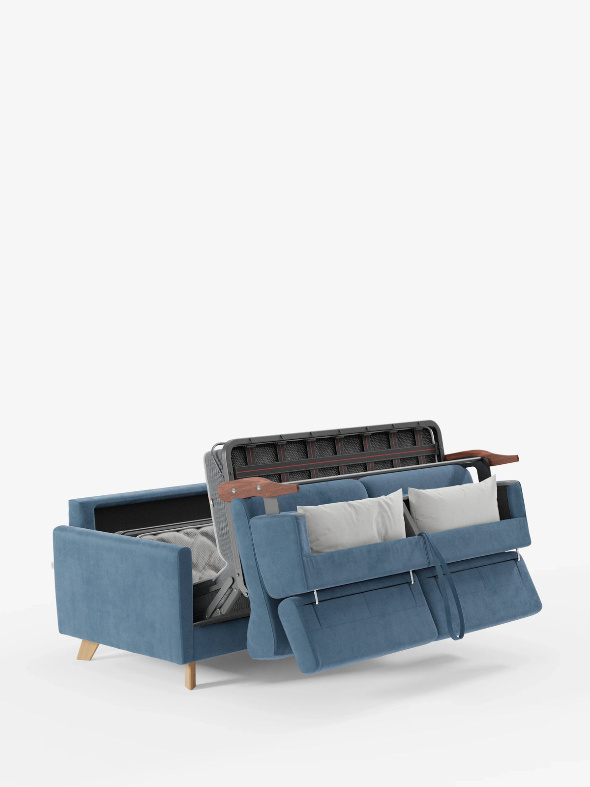 Nella foto è raffigurato un divano letto Francy con poggiatesta regolabili di Divani.Store, di colore blu, con gambe in legno chiaro e mostrato parzialmente trasformato in letto estraibile. Sono visibili il materasso e la struttura del letto, accompagnati da due cuscini bianchi, il tutto su uno sfondo bianco a tinta unita. Il divano è sfoderabile al 100% e rivestito con un elegante tessuto T30 resistente alle macchie.
