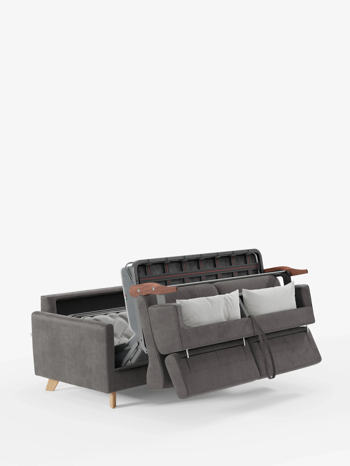 Il divano letto Francy con poggiatesta regolabili di Divani.Store, rivestito in elegante tessuto T30 100% sfoderabile e resistente alle macchie, è presentato in una moderna finitura grigia con gambe in legno. È raffigurato parzialmente aperto in versione letto su uno sfondo bianco, che mette in evidenza la struttura metallica pieghevole e i meccanismi che ne sottolineano il processo di trasformazione. Due cuscini di seduta grigi e due cuscini decorativi bianchi ne esaltano lo stile contemporaneo.
