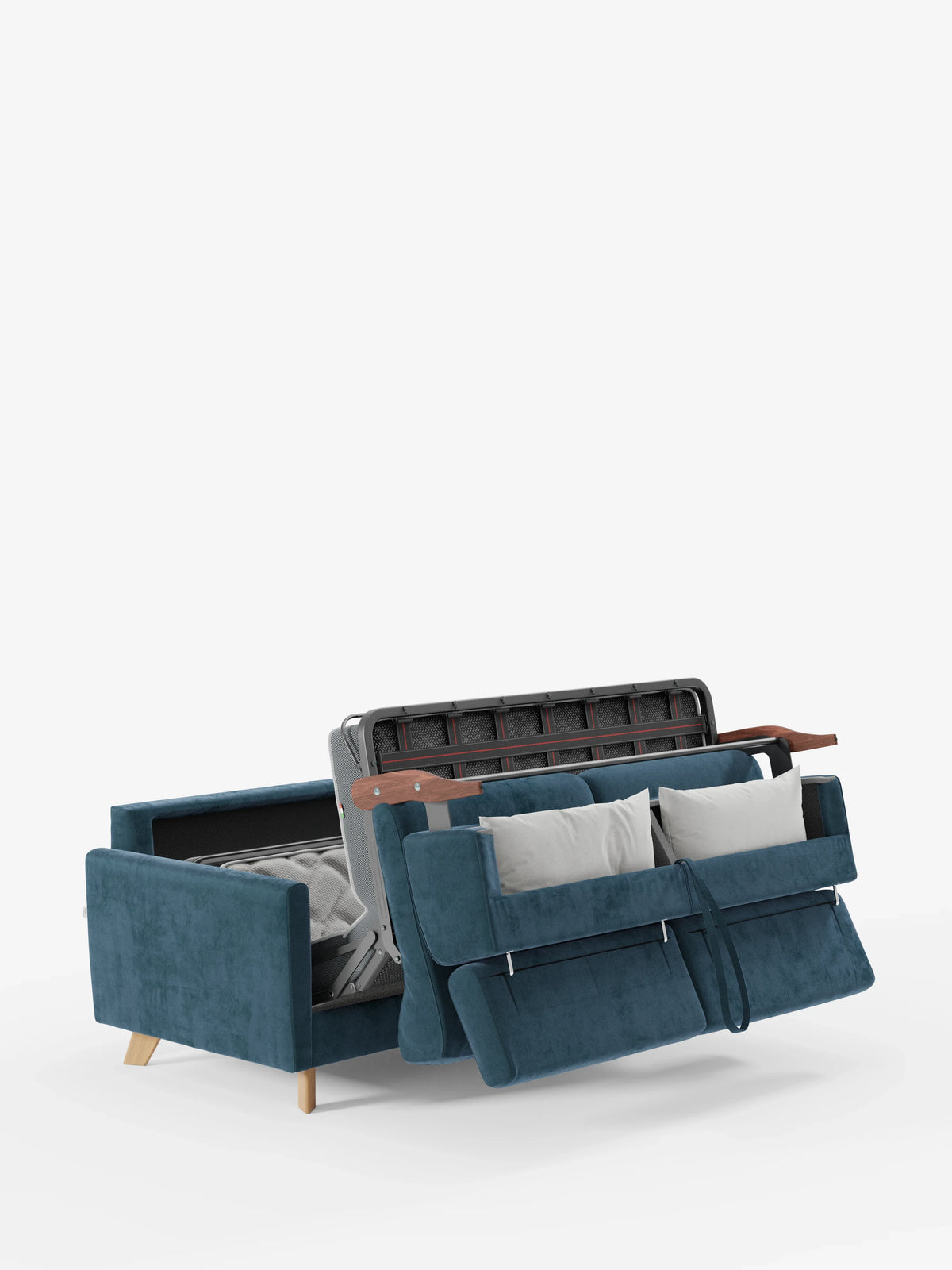Un divano letto Francy di Divani.Store, parzialmente aperto, con poggiatesta regolabili, rivestito in un elegante tessuto T30 color verde acqua resistente alle macchie e dotato di gambe in legno chiaro con due cuscini bianchi, mostra la struttura del letto e il meccanismo del materasso su uno sfondo bianco a tinta unita.