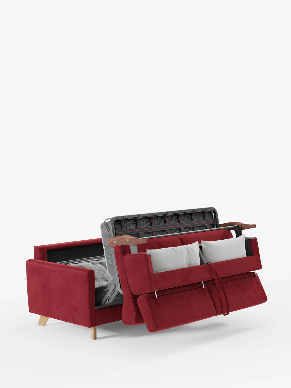 Il divano letto Francy con poggiatesta regolabili di Divani.Store è raffigurato in un elegante rosso, parzialmente aperto per mostrare il materasso e i due cuscini bianchi al suo interno. Caratterizzato da una silhouette squadrata e moderna e da gambe in legno chiaro, questo divano letto a 2 posti è dotato di rivestimenti completamente sfoderabili in tessuto T30 resistente alle macchie e risalta su uno sfondo bianco a tinta unita.