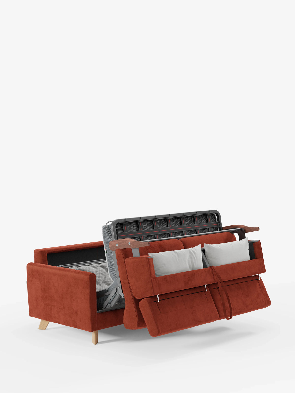 Un divano letto Francy con poggiatesta regolabili di Divani.Store, rivestito in un elegante tessuto T30 smacchiabile color arancione ruggine e dotato di gambe in legno, è raffigurato parzialmente aperto in modalità letto. L’immagine mostra un materasso grigio e due cuscini grigio chiaro, mentre lo schienale e la seduta sono separati per mettere in evidenza la sua funzione di letto trasformabile, il tutto su uno sfondo bianco a tinta unita.