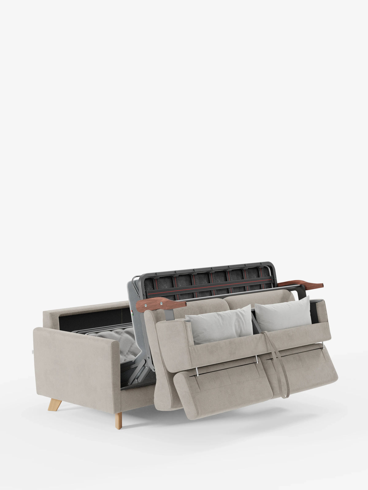 Un divano letto Francy beige con poggiatesta regolabili di Divani.Store, rivestito al 100% con tessuto T30 elegante e antimacchia, presenta gambe in legno chiaro ed è parzialmente aperto per mostrare la struttura interna del letto, il materasso e un ampio vano portaoggetti con due cuscini bianchi all’interno. L’immagine è ripresa su uno sfondo bianco a tinta unita.