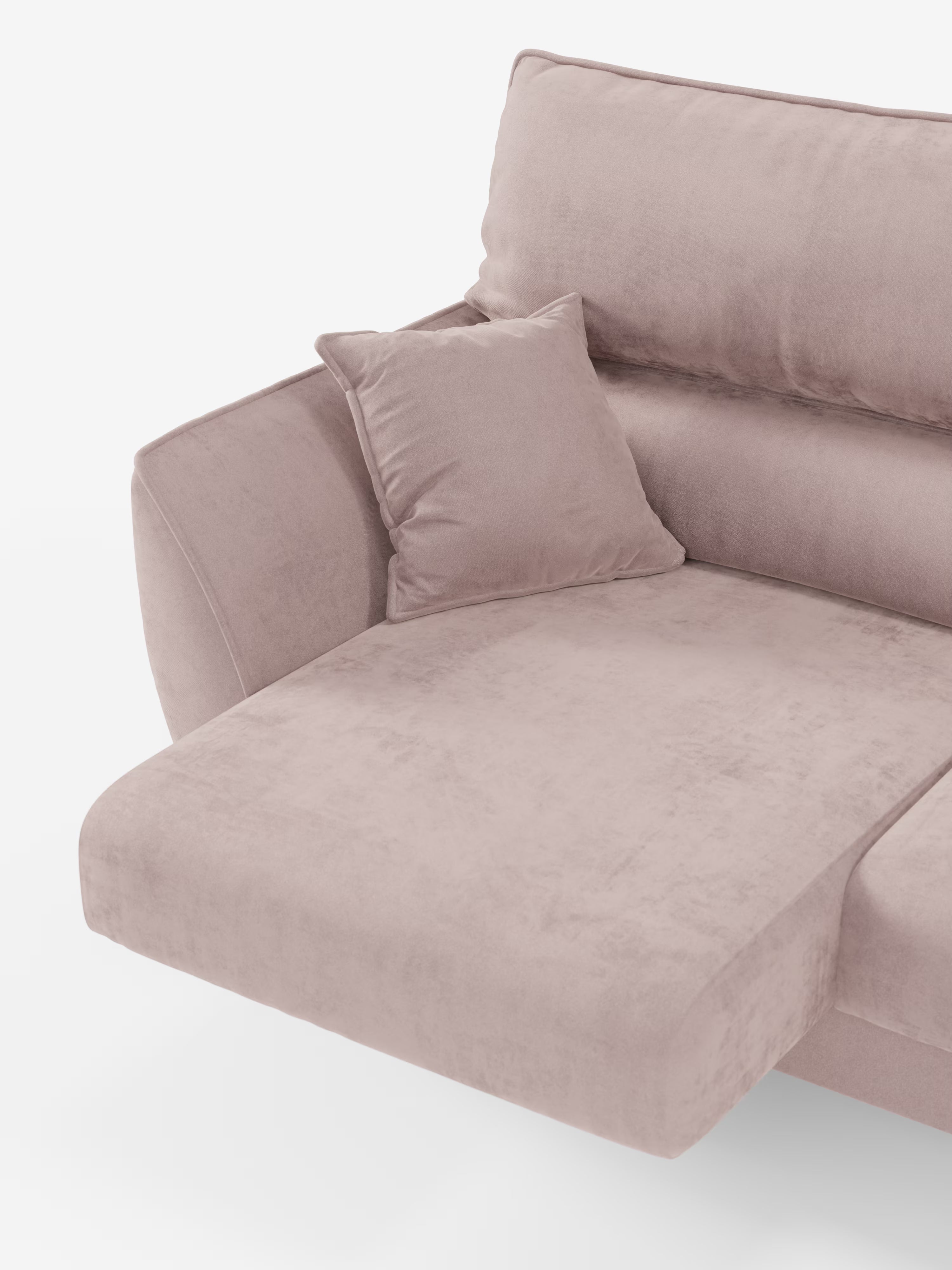 Divano componibile Michelangelo 4 Posti color rosa cipria di Divani.Store, dotato di tre sedute estensibili e poggiatesta regolabili, rivestito in elegante tessuto T30 effetto velluto resistente alle macchie. Presentato con un cuscino quadrato abbinato e una chaise longue a sinistra su uno sfondo bianco, questo lussuoso divano è ideale per un soggiorno moderno, con cuciture a vista e morbide ombre che ne esaltano le curve sinuose.