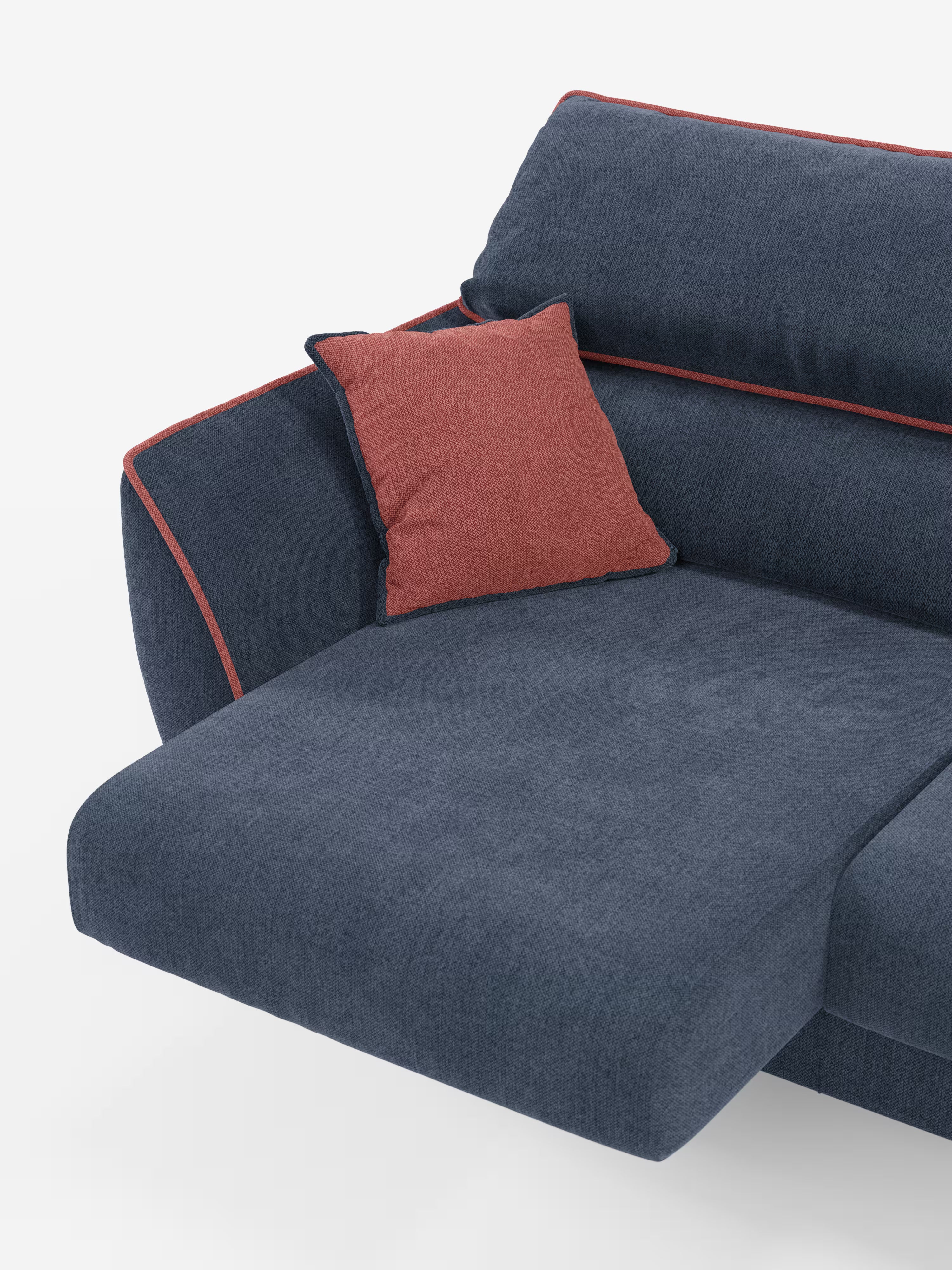 Vi presentiamo il divano Michelangelo a 2 e 3 posti con sedute allungabili e poggiatesta reclinabili di Divani.Store, un divano componibile contemporaneo bicolore realizzato in tessuto T23 blu scuro smacchiabile. Questo elegante divano moderno è dotato di una chaise longue estraibile ed è impreziosito da una vistosa bordatura rossa che ne delinea la silhouette. Un unico cuscino decorativo rosso testurizzato è appoggiato al bracciolo, esaltando il raffinato contrasto di questo divano bicolore. Il tutto è