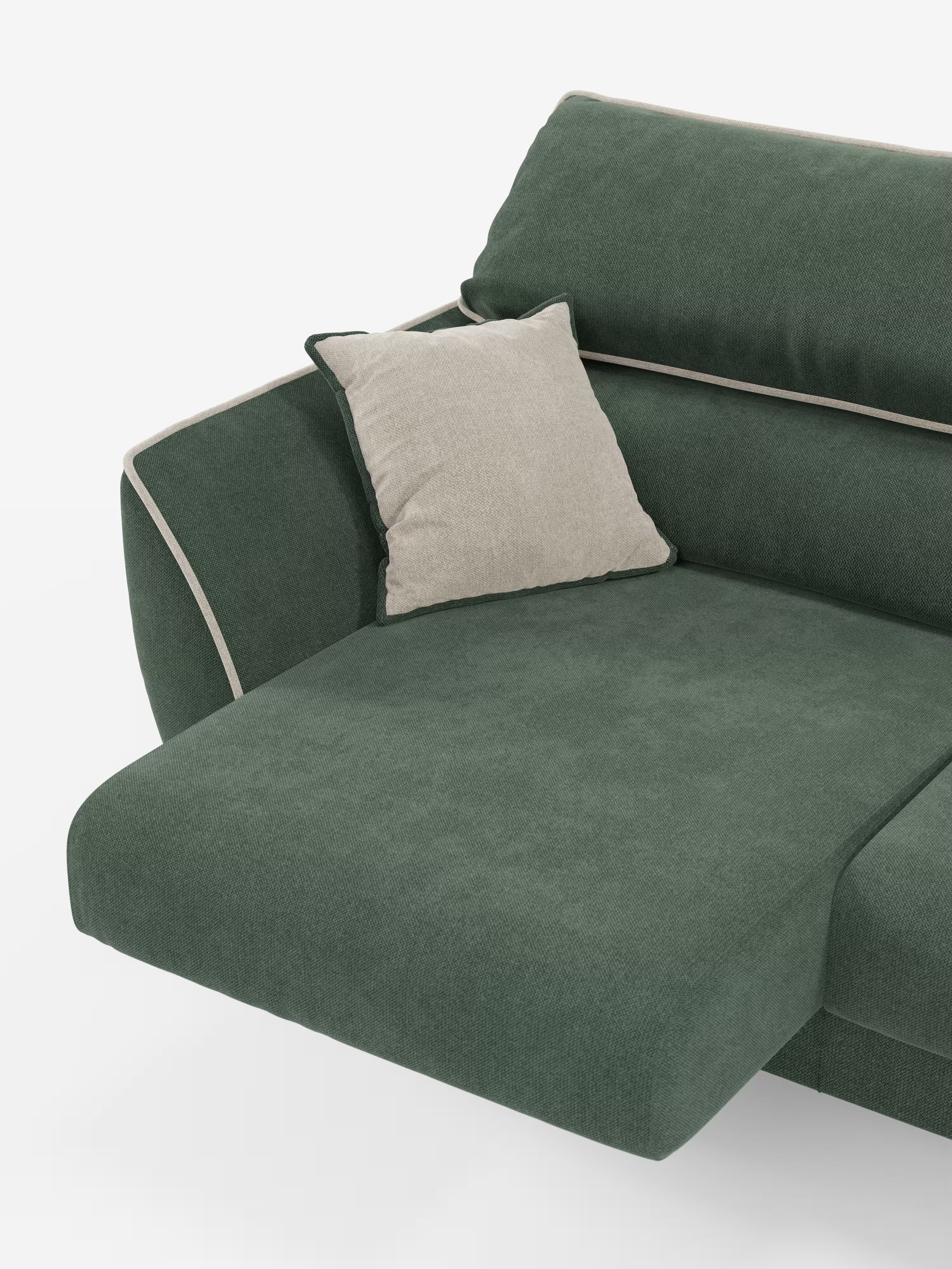 Ecco una versione rielaborata della frase utilizzando i dati del vostro prodotto: Un primo piano del divano Michelangelo a 2 e 3 posti di Divani.Store, che mette in risalto il suo moderno design bicolore in tessuto T23 verde scuro, resistente alle macchie, con eleganti bordature beige chiaro e un cuscino decorativo. Dotato di sedute estensibili e poggiatesta regolabili, questo sofisticato divano unisce lo stile contemporaneo al comfort pratico, rendendolo un elemento centrale ideale per qualsiasi ambiente