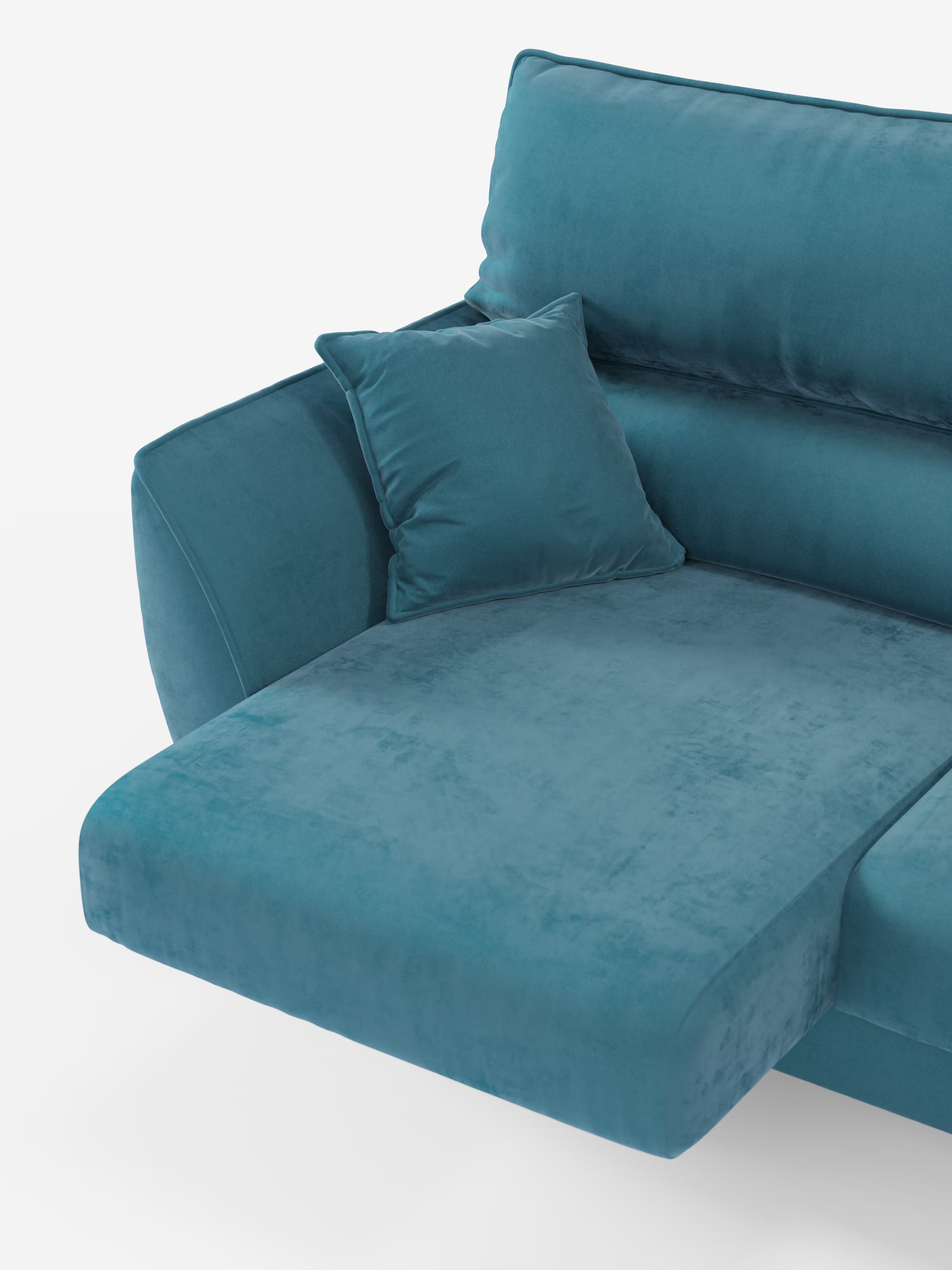 Un primo piano del divano angolare con penisola e sedute estensibili “Michelangelo” di Divani.Store ne mette in risalto il design moderno, completato da un’elegante estensione a chaise longue e da un cuscino quadrato coordinato. Il raffinato rivestimento T30 smacchiabile presenta un’elegante trama effetto velluto. L’illuminazione brillante accentua l’aspetto lussuoso e accogliente di questo divano componibile contemporaneo con poggiatesta reclinabili.