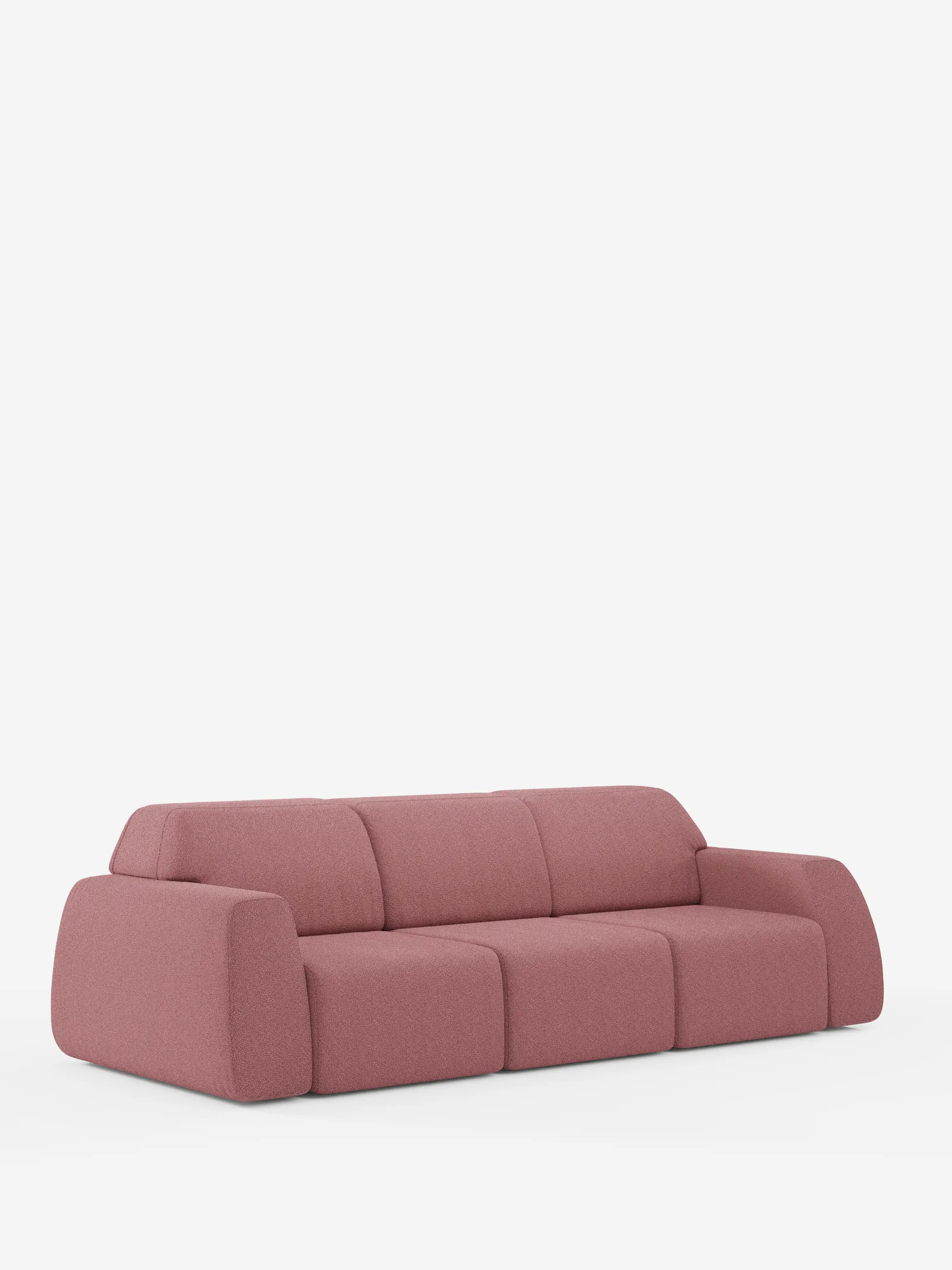 Un divano Orbit contemporaneo e modulare con 3 sedute scorrevoli ed estensibili di Divani.Store, rivestito in tessuto T33 effetto cotone color rosa tenue e resistente alle macchie. Questo divano è dotato di tre sedute indipendenti scorrevoli ed estensibili, schienali bassi e braccioli ampi e arrotondati. Interamente sfoderabile per facilitare la pulizia e la manutenzione, è raffigurato su uno sfondo bianco senza gambe visibili né elementi decorativi aggiuntivi.