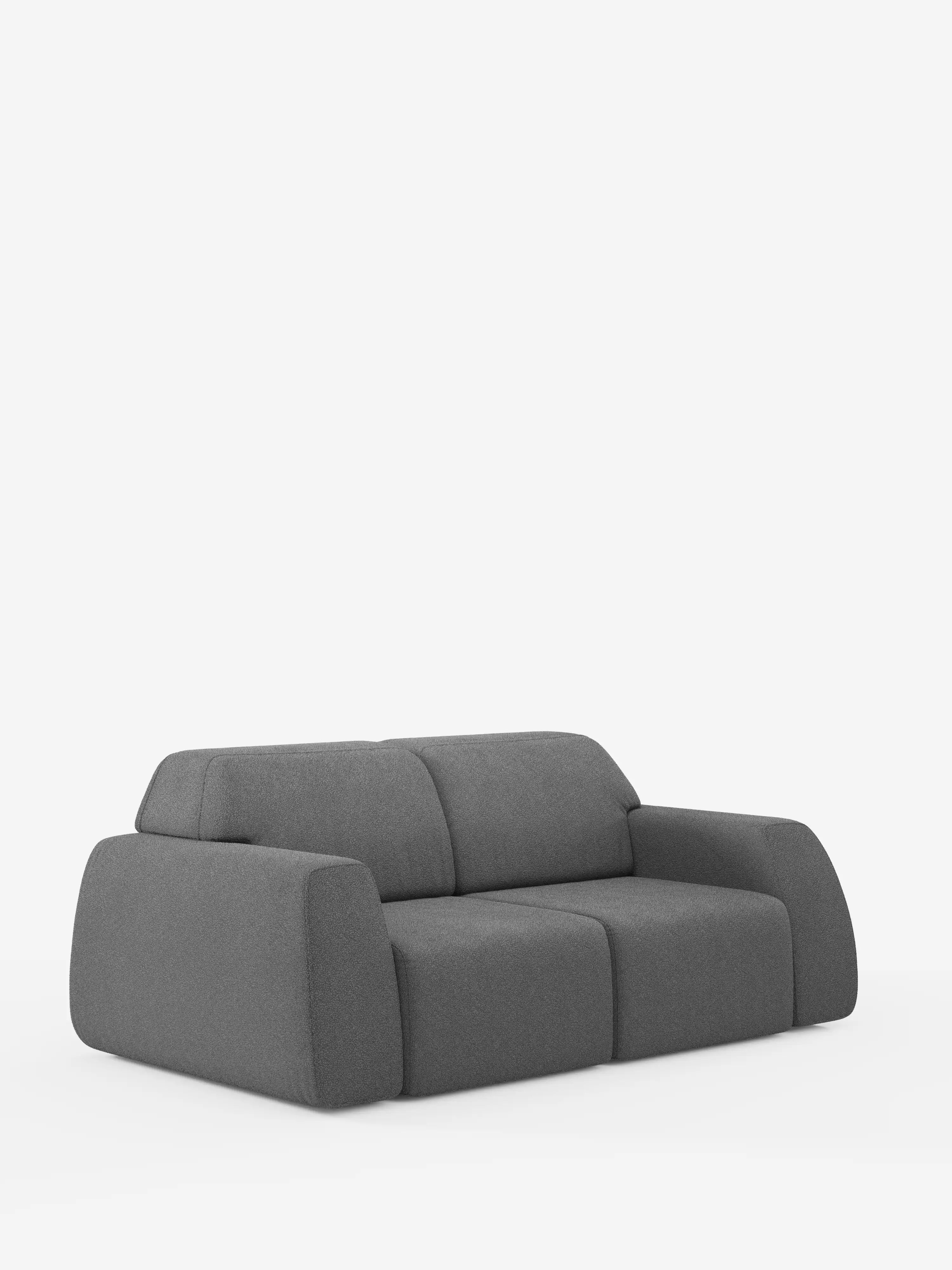 Il divano Orbit di Divani.Store è un divano a due posti imbottito in grigio scuro dal design contemporaneo, caratterizzato da ampi braccioli e schienale arrotondati che risaltano su uno sfondo bianco a tinta unita. Questo divano moderno presenta un design minimalista e squadrato con bordi levigati e curvi e vanta rivestimenti completamente sfoderabili in tessuto T33 effetto cotone antimacchia, per un comfort e uno stile senza compromessi.