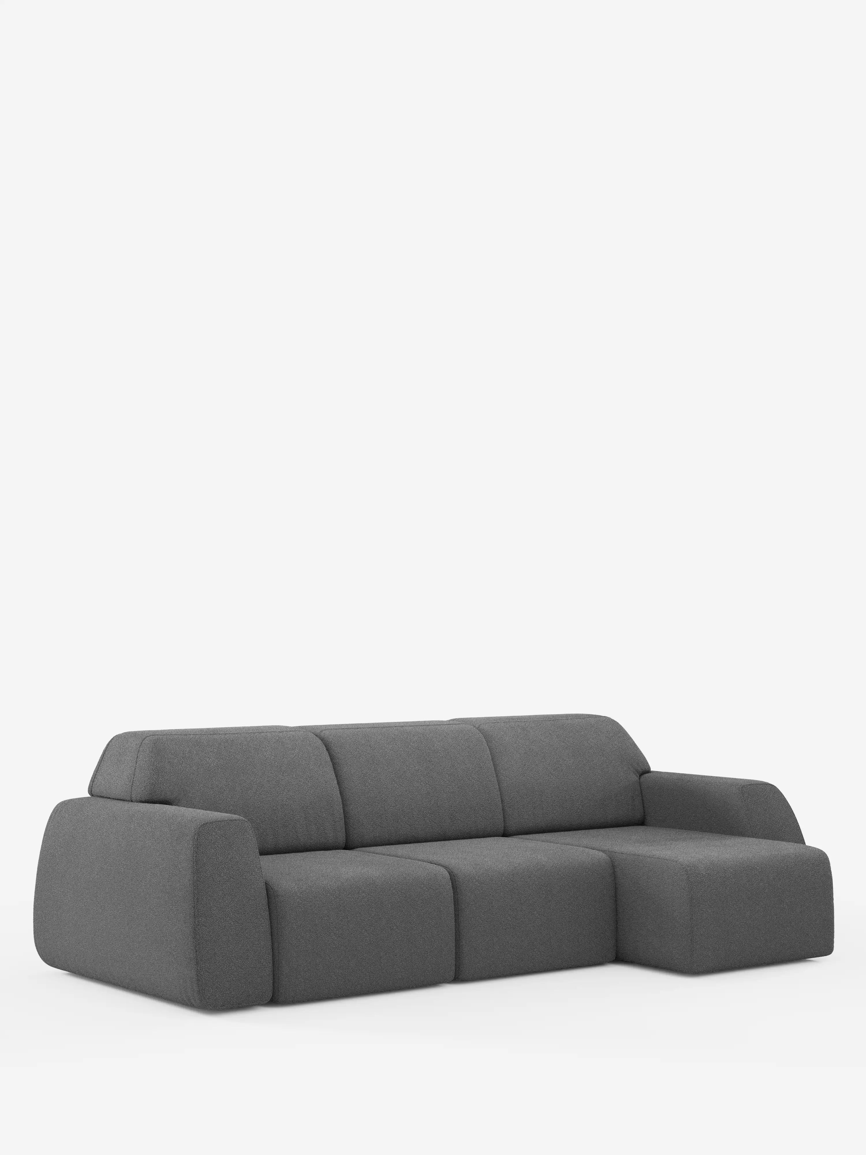 Il divano angolare Divani.Store Orbit con penisola reversibile e tutte le sedute allungabili in tessuto smacchiabile effetto cotone T33 è un moderno divano a tre posti in tessuto grigio scuro, caratterizzato da braccioli arrotondati, tre sedute imbottite e una chaise longue sul lato destro. Questo divano angolare reversibile si caratterizza per il profilo ribassato, l’assenza di gambe a vista e un design minimalista su sfondo bianco.