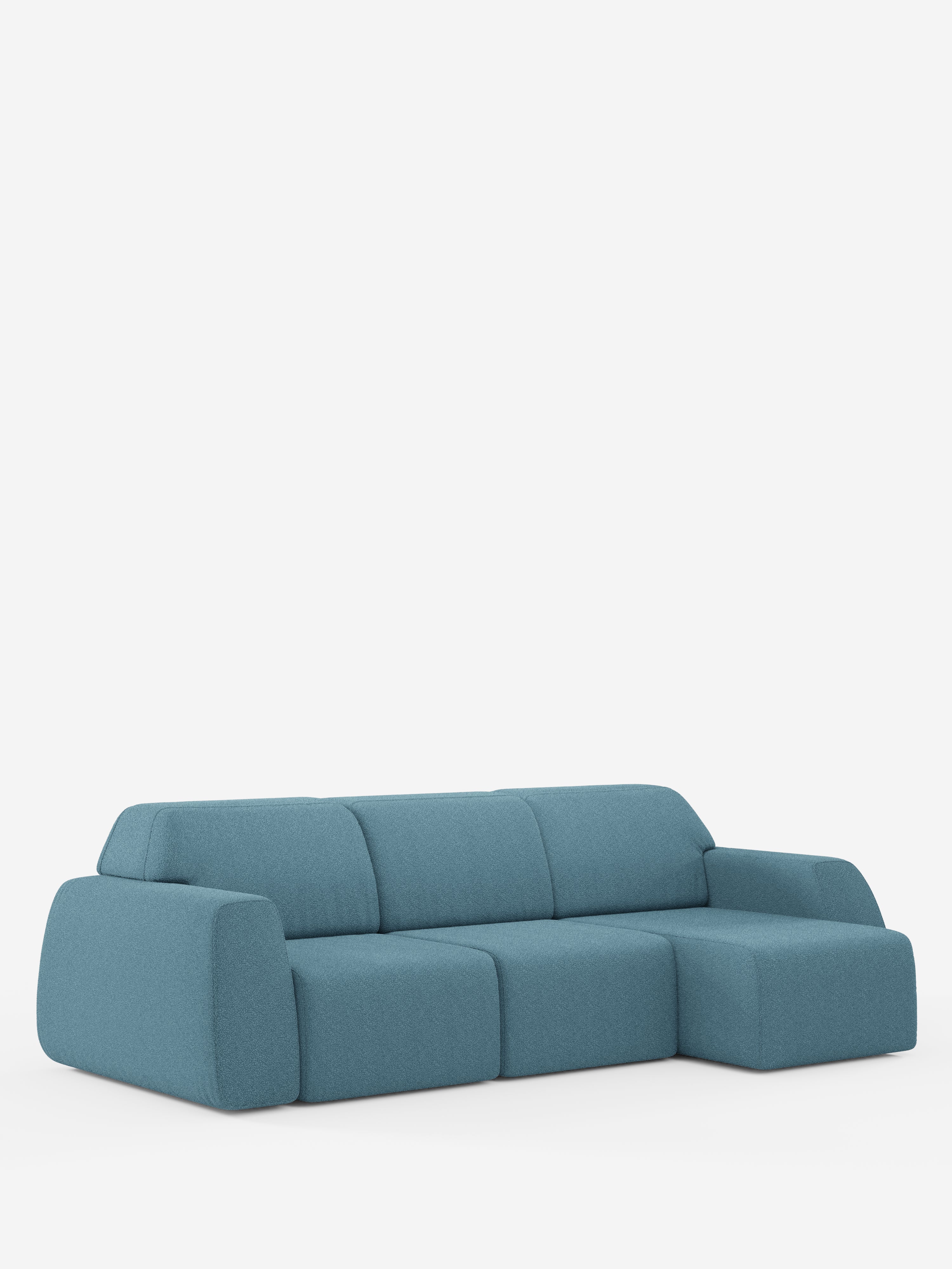 Un divano angolare Orbit contemporaneo di Divani.Store, caratterizzato da una chaise longue reversibile (penisola), sedute completamente estraibili, morbido tessuto blu antimacchia con effetto cotone (T33) e bordi arrotondati, presentato su uno sfondo bianco a tinta unita.