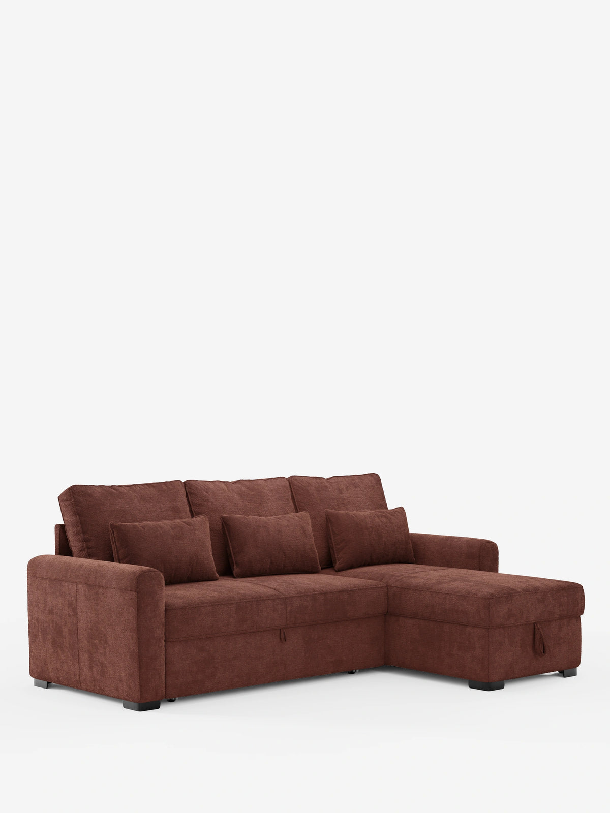 Un divano letto Ottaviano marrone con letto estraibile - penisola reversibile e contenitore in tessuto materico smacchiabile, presentato come divano letto angolare con chaise longue a destra, tre cuscini dello schienale, cuscini quadrati e base estraibile.