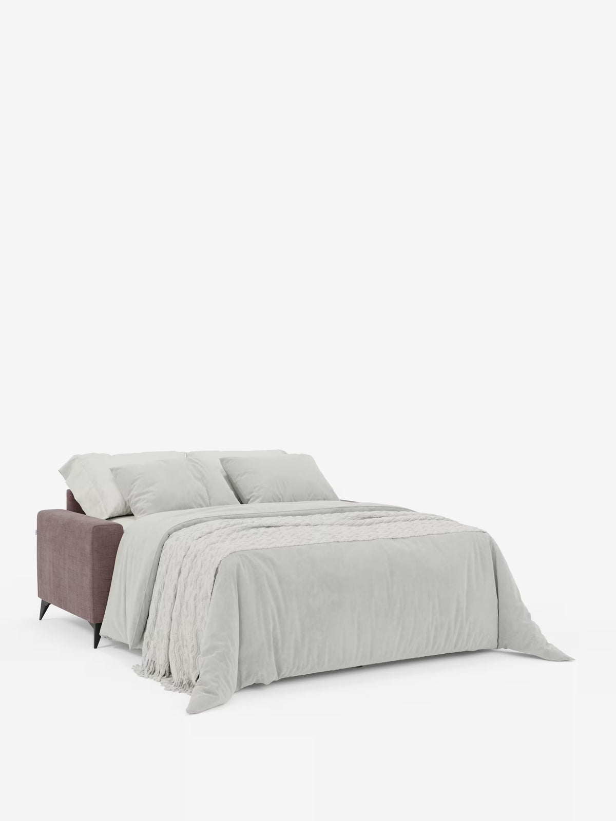 Il divano letto matrimoniale Pegaso con poggiatesta reclinabili in tessuto jacquard antimacchia T22 di Divani.Store è raffigurato aperto in un letto queen-size. È caratterizzato da una biancheria da letto grigio chiaro — che comprende un piumone, cuscini e un copriletto testurizzato — disposta su uno sfondo bianco a tinta unita. Con le sue eleganti gambe nere e le linee pulite, questo moderno divano letto offre un look accogliente e contemporaneo.