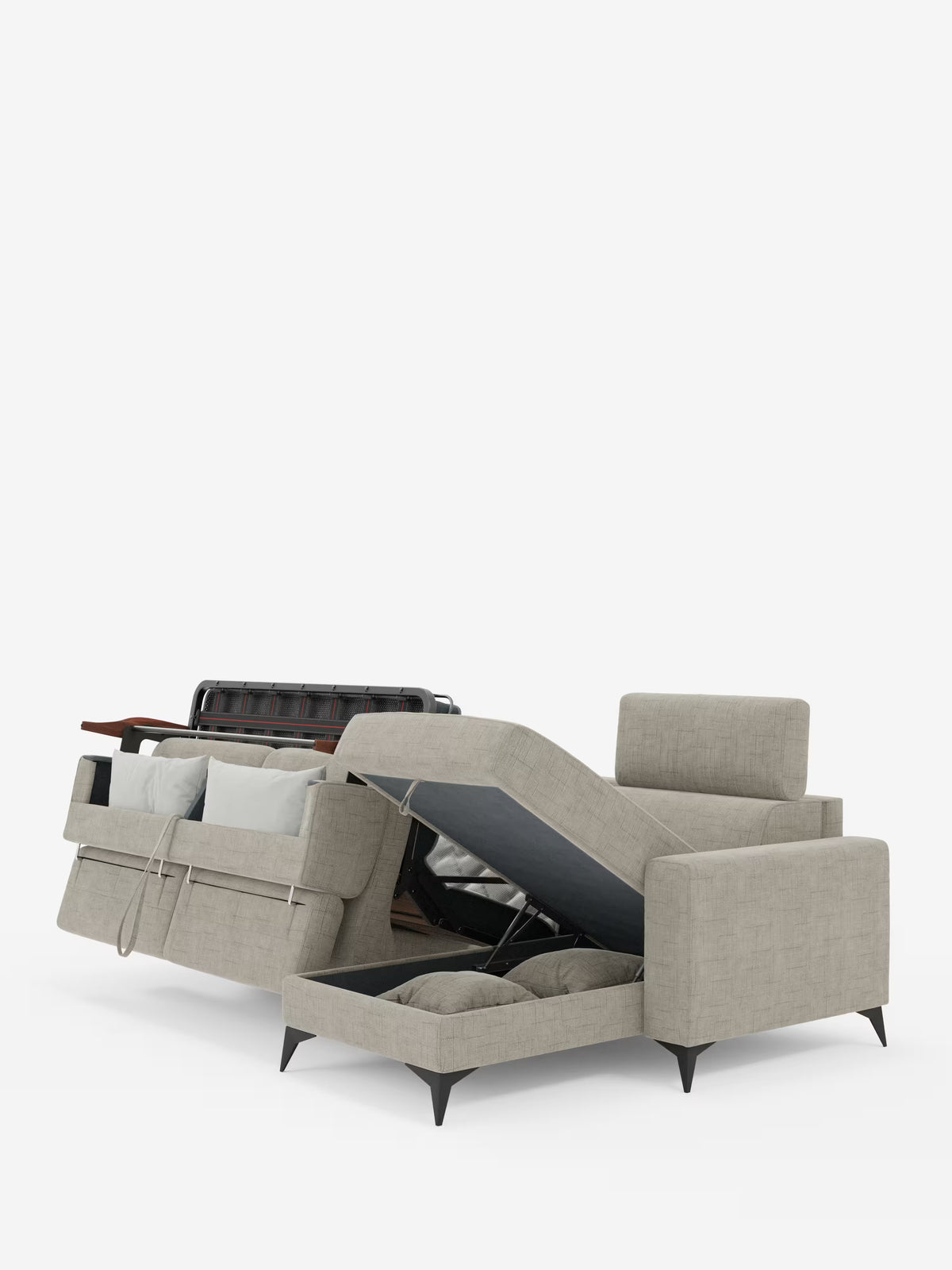 Il divano letto angolare Pegaso con poggiatesta reclinabili e penisola contenitore in tessuto jacquard smacchiabile T22 di Divani.Store è qui presentato in una moderna finitura grigio chiaro. La sua spaziosa penisola a chaise longue è dotata di un vano portaoggetti a vista che lascia intravedere i cuscini all’interno, mentre lo schienale si ribalta comodamente per trasformarsi in un letto a scomparsa, mettendo in risalto la sua doppia funzionalità sia come divano letto che come soluzione contenitiva. Il