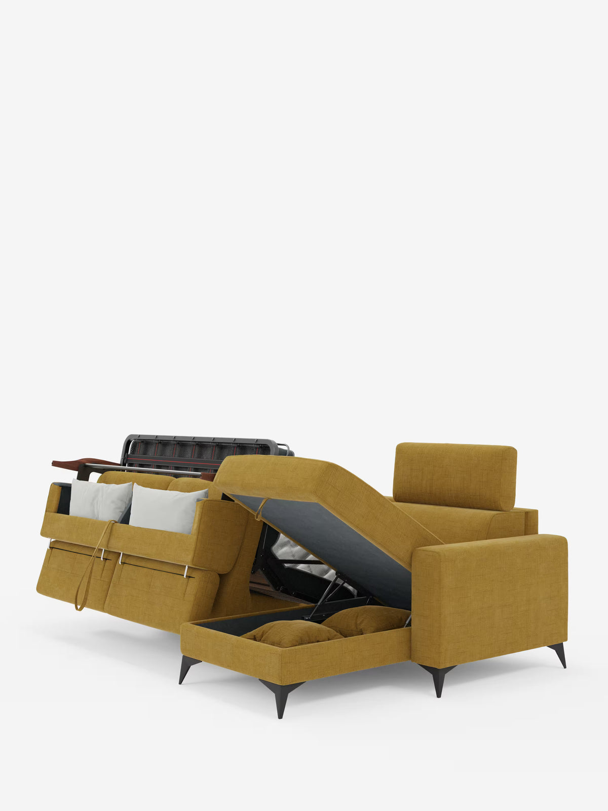 Il divano letto angolare Pegaso con poggiatesta reclinabili e penisola contenitore in tessuto jacquard smacchiabile T22 di Divani.Il modello è presentato in una finitura giallo senape con sottili gambe nere; una sezione si apre per rivelare uno spazio contenitivo per cuscini e biancheria da letto, mentre la chaise longue (penisola) si solleva per accedere a un ulteriore vano contenitivo sotto la seduta. Lo sfondo è bianco a tinta unita.