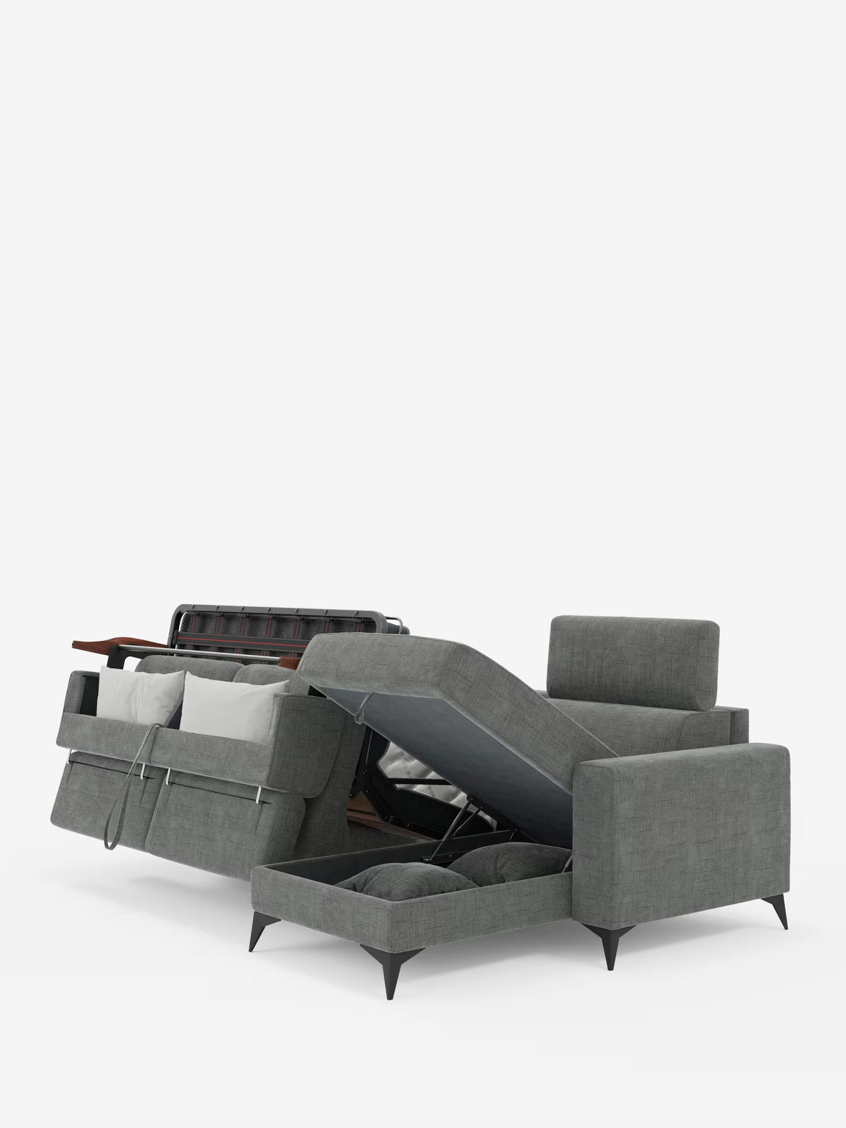 Il divano letto angolare Pegaso di Divani.Store, rivestito in tessuto jacquard antimacchia T22, è presentato nella versione grigia con gambe affusolate nere. La chaise longue del divano componibile è dotata di un vano portaoggetti aperto, mentre la sezione dello schienale si estrae per rivelare un meccanismo a letto ribaltabile nascosto. Con cuscini e poggiatesta regolabili, questo versatile complemento d'arredo si trasforma in un pratico divano letto con penisola portaoggetti, il tutto su uno sfondo