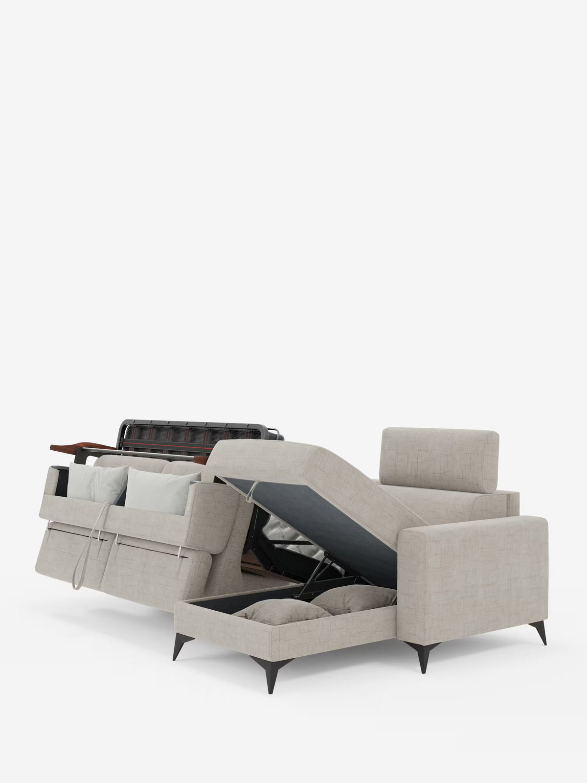 Il divano letto angolare Pegaso di Divani.Store, realizzato in tessuto jacquard T22 antimacchia, è presentato nella versione beige con gambe scure. La sezione sinistra è dotata di una struttura letto estraibile, mentre la chaise longue a destra funge da pratica penisola contenitore che, una volta sollevata, rivela uno spazio interno con cuscini al suo interno. Su uno sfondo bianco a tinta unita, questo divano moderno è allo stesso tempo elegante e altamente funzionale grazie al suo poggiatesta reclinabile.