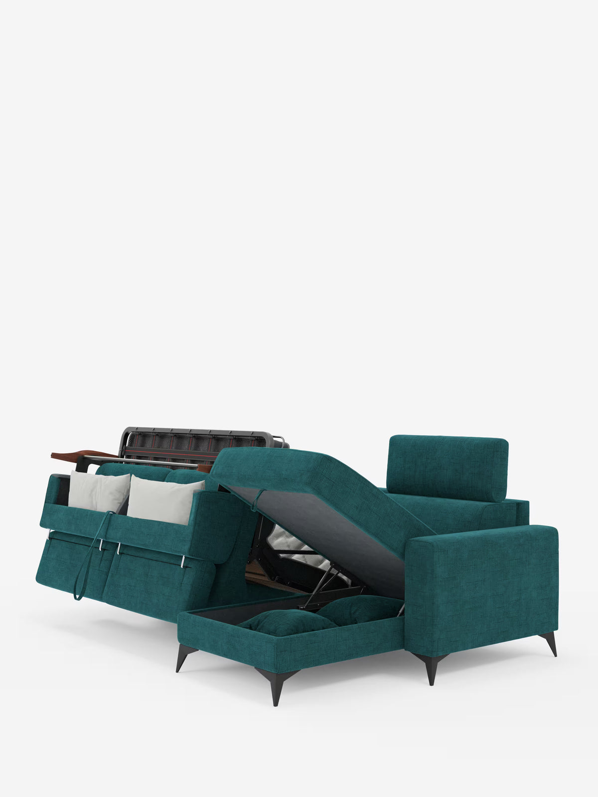 Il divano letto angolare Pegaso color verde acqua con poggiatesta reclinabili e penisola contenitore in tessuto jacquard smacchiabile T22 di Divani.Store è raffigurato con il vano contenitore aperto e il letto estraibile aperto. Una sezione presenta una chaise longue contenitore che si solleva per rivelare uno spazio nascosto, mentre l’altra sezione mostra cuscini e cuscinetti disposti in modo ordinato al suo interno. Il design moderno è sostenuto da gambe angolari nere e si staglia su uno sfondo bianco a