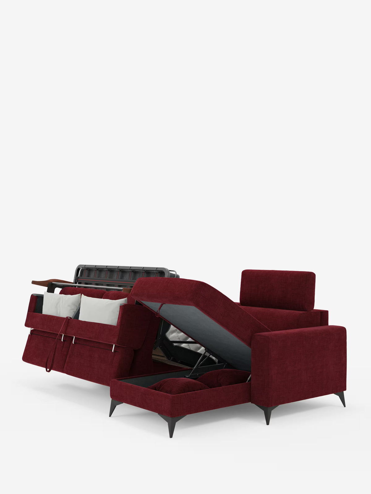 Due divani a sdraio contemporanei modello Pegaso rossi di Divani.Store, realizzati in tessuto jacquard T22 antimacchia con gambe nere angolate. Un modello presenta una pratica penisola contenitore con seduta ribaltabile che rivela un ampio spazio di stivaggio, mentre l’altro si trasforma in un versatile divano letto angolare, dotato di poggiatesta regolabili e vani aggiuntivi accessibili aprendo le sezioni dello schienale e della seduta. Entrambi i modelli sono esposti su uno sfondo bianco pulito per