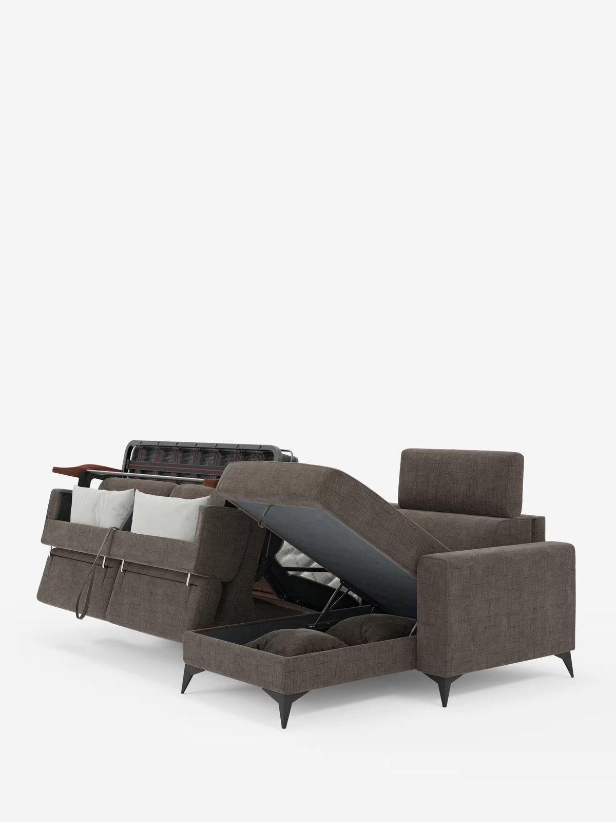Il divano letto angolare Pegaso con poggiatesta reclinabili e penisola contenitore in tessuto jacquard smacchiabile T22 di Divani.Store è raffigurato in tessuto grigio scuro, con il letto estraibile parzialmente aperto su un lato e il vano contenitore della chaise longue aperto, che lascia intravedere i cuscini al suo interno. Questo divano letto angolare presenta linee pulite, gambe corte nere e poggiatesta regolabili, il tutto su uno sfondo bianco a tinta unita.