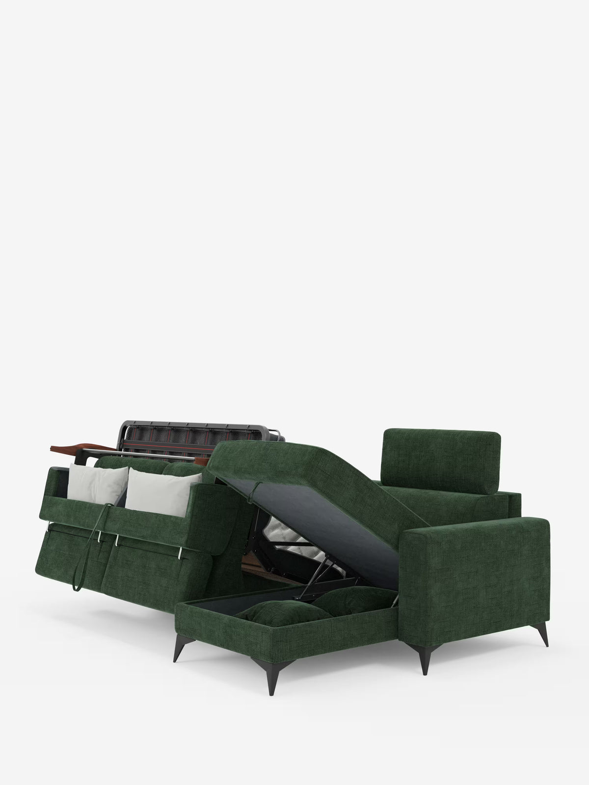 Il divano letto angolare Pegaso con poggiatesta reclinabili e penisola contenitore in tessuto jacquard smacchiabile T22 di Divani.Store è raffigurato nella versione verde. Una delle sezioni è estesa per rivelare il letto estraibile, mentre la pratica chaise longue contenitore (“penisola contenitore”) viene sollevata per svelare lo spazio nascosto al di sotto. Il divano presenta cuscini rettangolari, braccioli e gambe affusolate nere, il tutto su uno sfondo bianco a tinta unita.