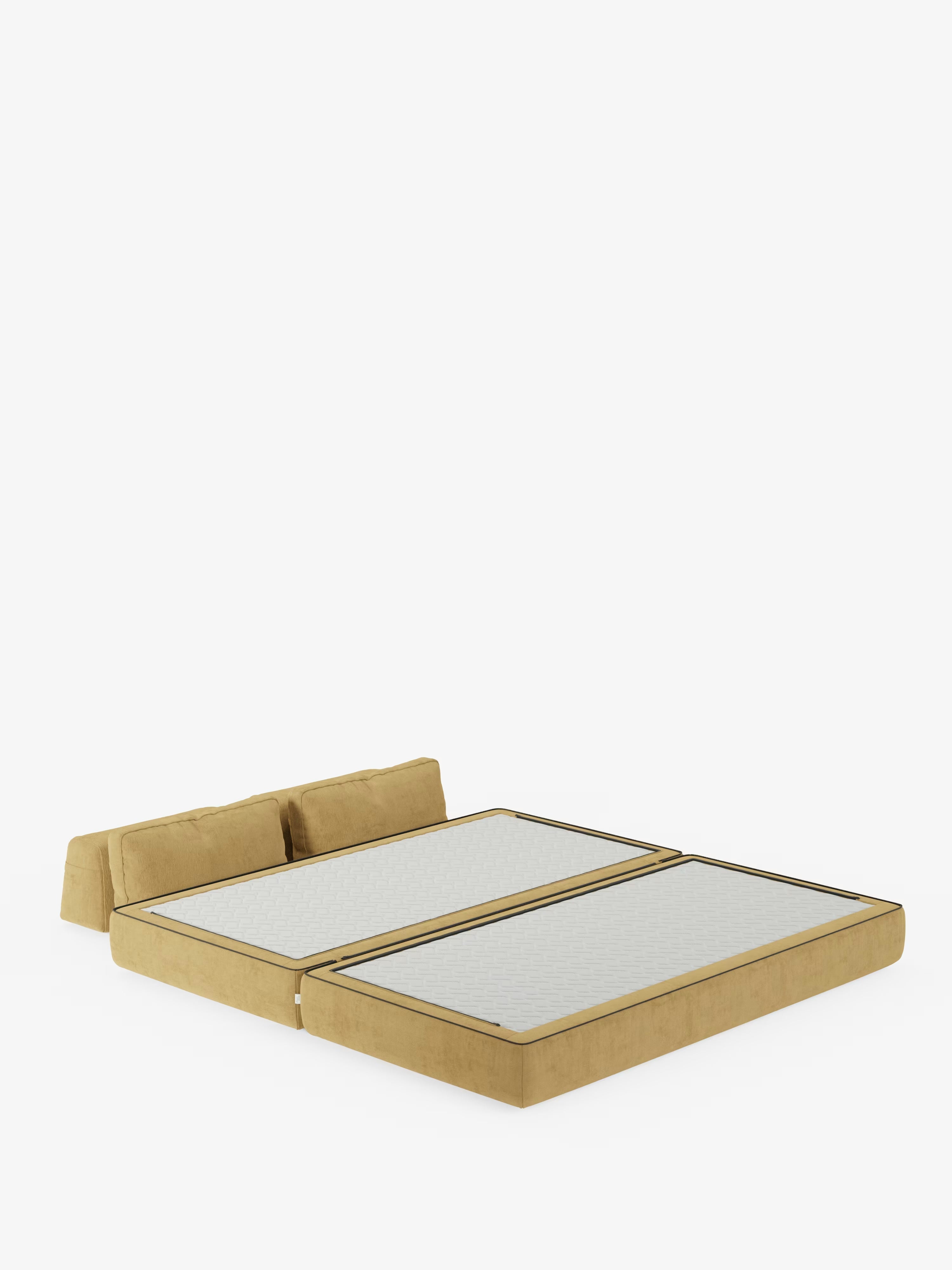 Un divano letto matrimoniale Rift in stile contemporaneo di Divani.Store, disponibile nella versione a 2 o 3 posti, rivestito in tessuto T31 giallo senape resistente alle macchie, si trasforma in una spaziosa superficie piana per dormire con schienali regolabili. Il design prevede due sezioni rettangolari separate, dotate di materassi bianchi in memory foam alti 24 cm, che uniscono stile e praticità per integrarsi perfettamente in qualsiasi ambiente.
