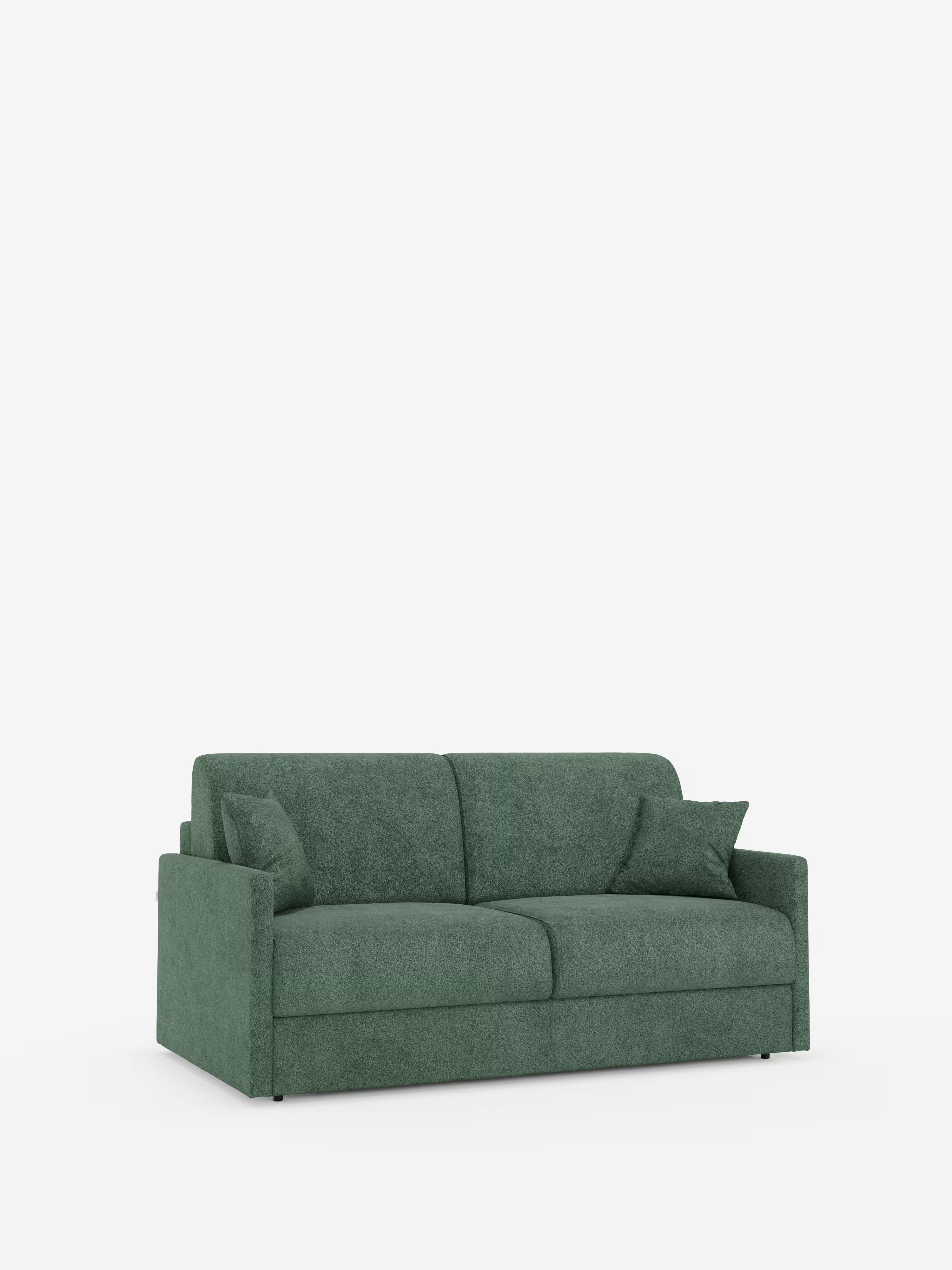 Vi presentiamo il divano letto Tommy Divano a 2 e 3 posti matrimoniale di Divani.Store: un divano verde realizzato in tessuto sfoderabile (T33) resistente alle macchie e simile al cotone. La sua silhouette squadrata è caratterizzata da due cuscini di seduta, due cuscini dello schienale e due cuscini decorativi verdi abbinati. I braccioli sottili e dritti e il design minimalista creano un look elegante, che risalta magnificamente su uno sfondo bianco a tinta unita.
