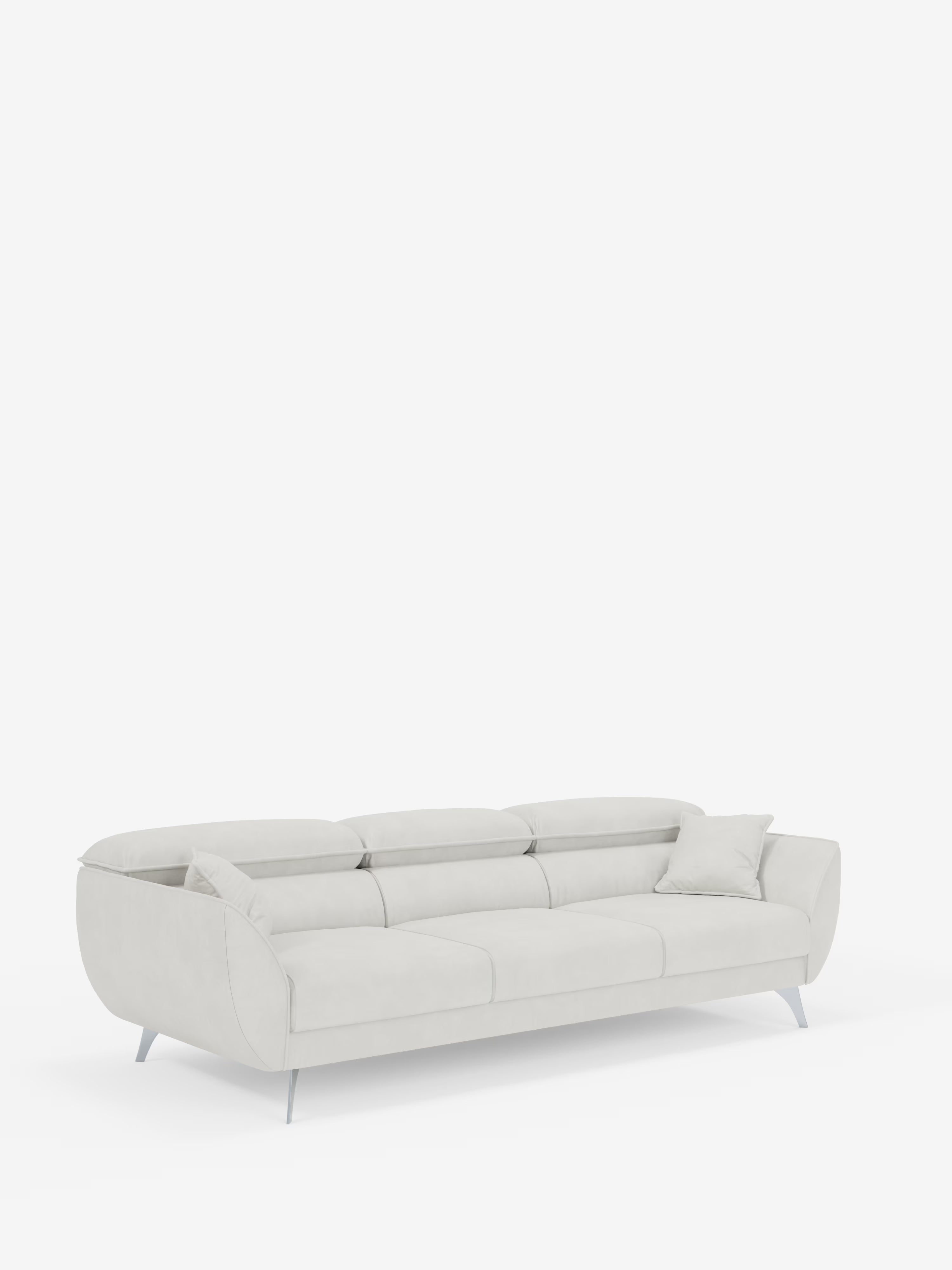 Vi presentiamo il divano Michelangelo 4 Posti di Divani.Store: un moderno divano a quattro posti rivestito in tessuto T30 grigio chiaro, vellutato e antimacchia, dotato di tre sedute estensibili, poggiatesta reclinabili, braccioli arrotondati, gambe in metallo angolate e un cuscino decorativo abbinato, il tutto presentato su uno sfondo bianco a tinta unita.