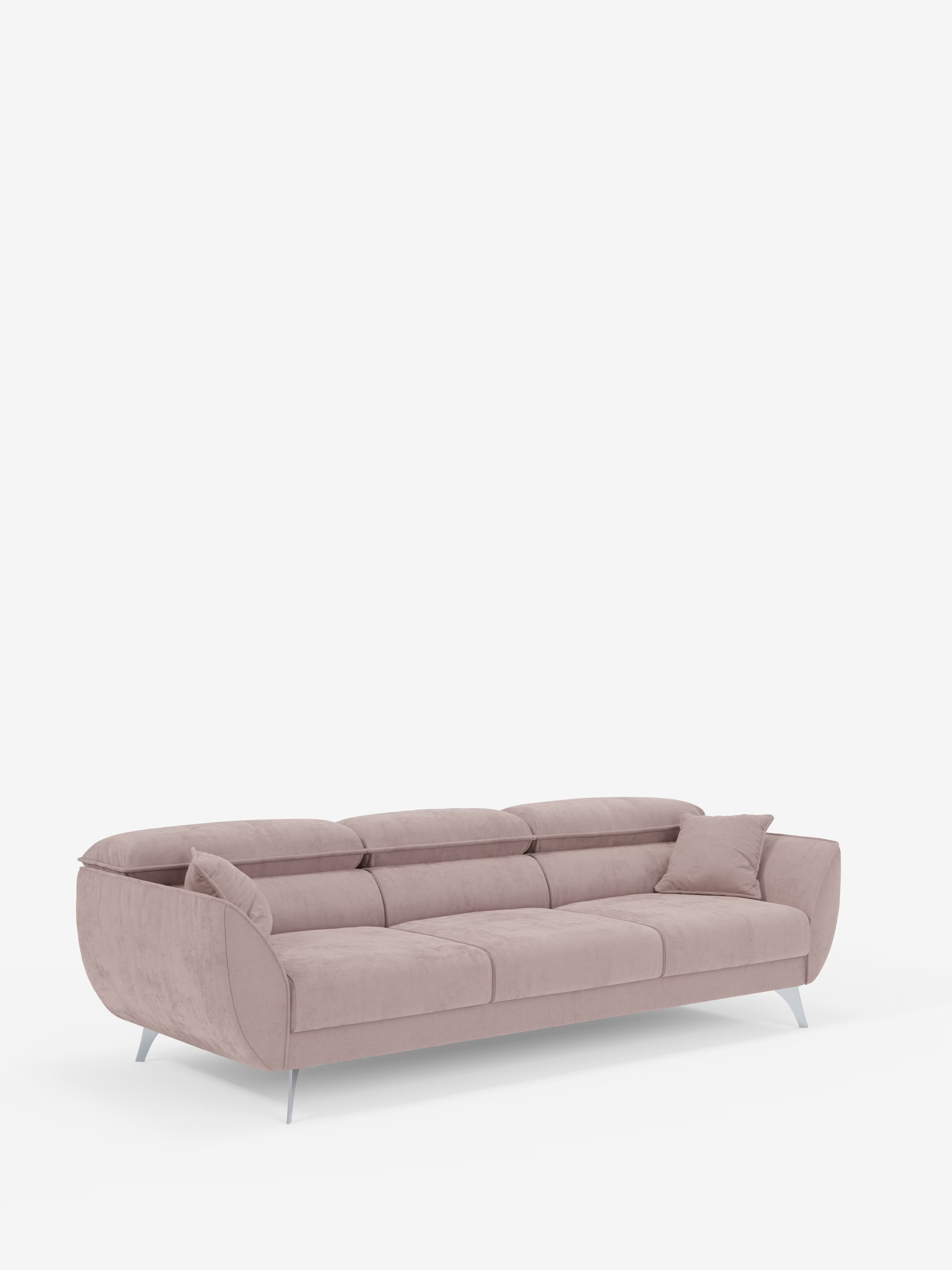 Il divano Michelangelo 4 Posti di Divani.Store è un moderno divano color rosa cipria, realizzato in elegante tessuto di velluto T30 resistente alle macchie. È dotato di tre cuscini di seduta estensibili, un poggiatesta reclinabile, uno schienale fisso, gambe sottili in metallo e include un cuscino coordinato sul lato destro. Il design raffinato presenta bordi arrotondati e sedute allungabili per un maggiore comfort, il tutto su uno sfondo bianco a tinta unita.