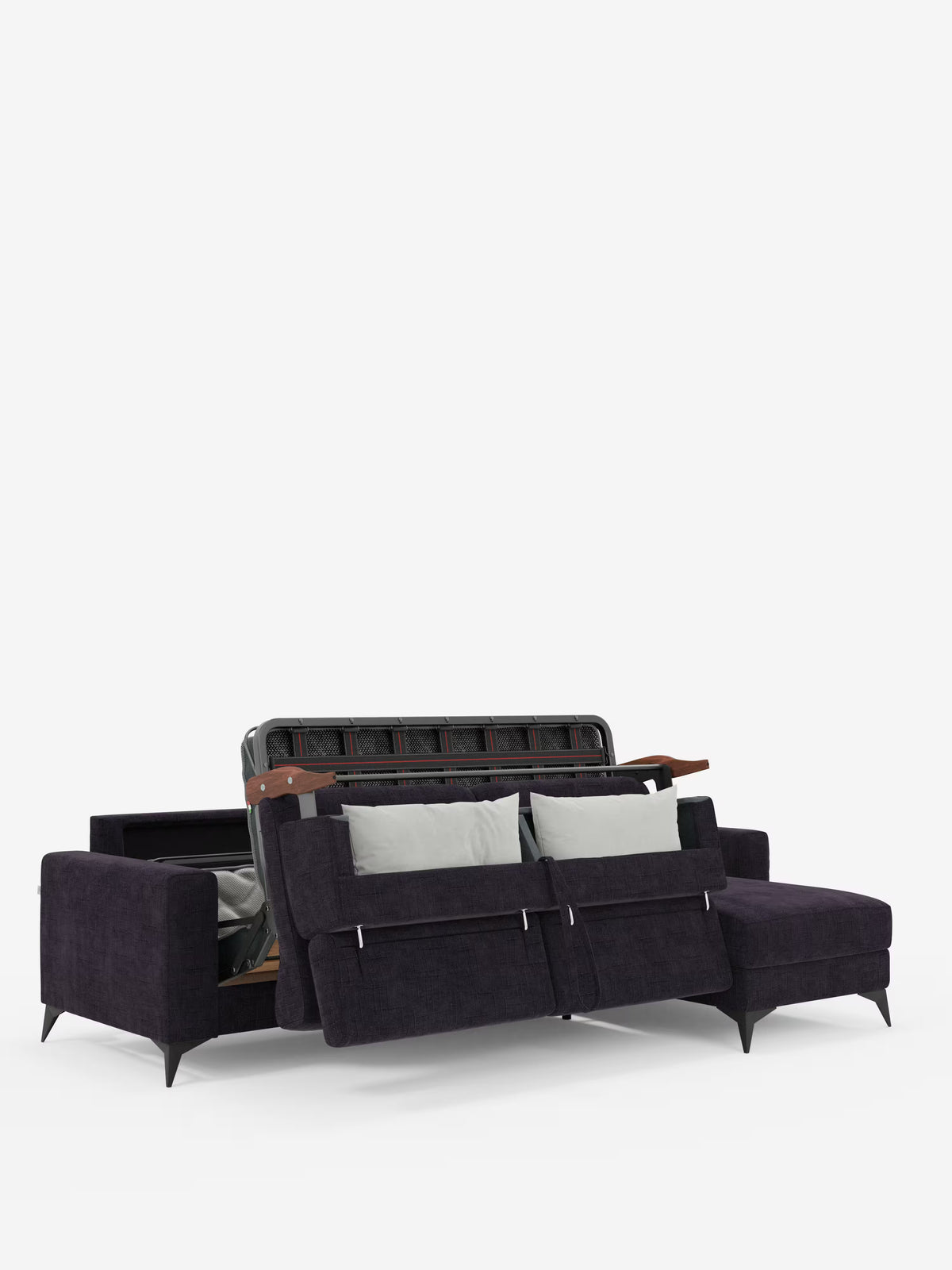 Il divano letto angolare Pegaso di Divani.Store è presentato in tessuto T22 jacquard viola scuro antimacchia, con eleganti gambe nere. Lo schienale parzialmente sollevato rivela al suo interno una spaziosa penisola contenitore. Due cuscini rettangolari grigio chiaro sono posizionati sulla seduta e il divano include un’estensione a chaise longue sul lato destro con poggiatesta regolabili. Il tutto su uno sfondo bianco.