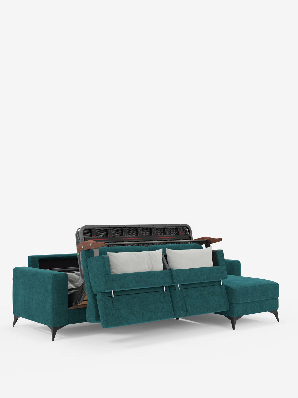 Il divano letto angolare Pegaso di Divani.Store, rivestito in tessuto jacquard smacchiabile T22 color verde acqua, presenta gambe nere, cuscini grigi e un letto estraibile parzialmente estensibile. Sul lato sinistro, sotto il bracciolo, si trova un vano contenitore aperto, mentre il lato destro ospita una chaise longue con contenitore. I poggiatesta regolabili aggiungono ulteriore comfort e il mobile è presentato su uno sfondo bianco a tinta unita.