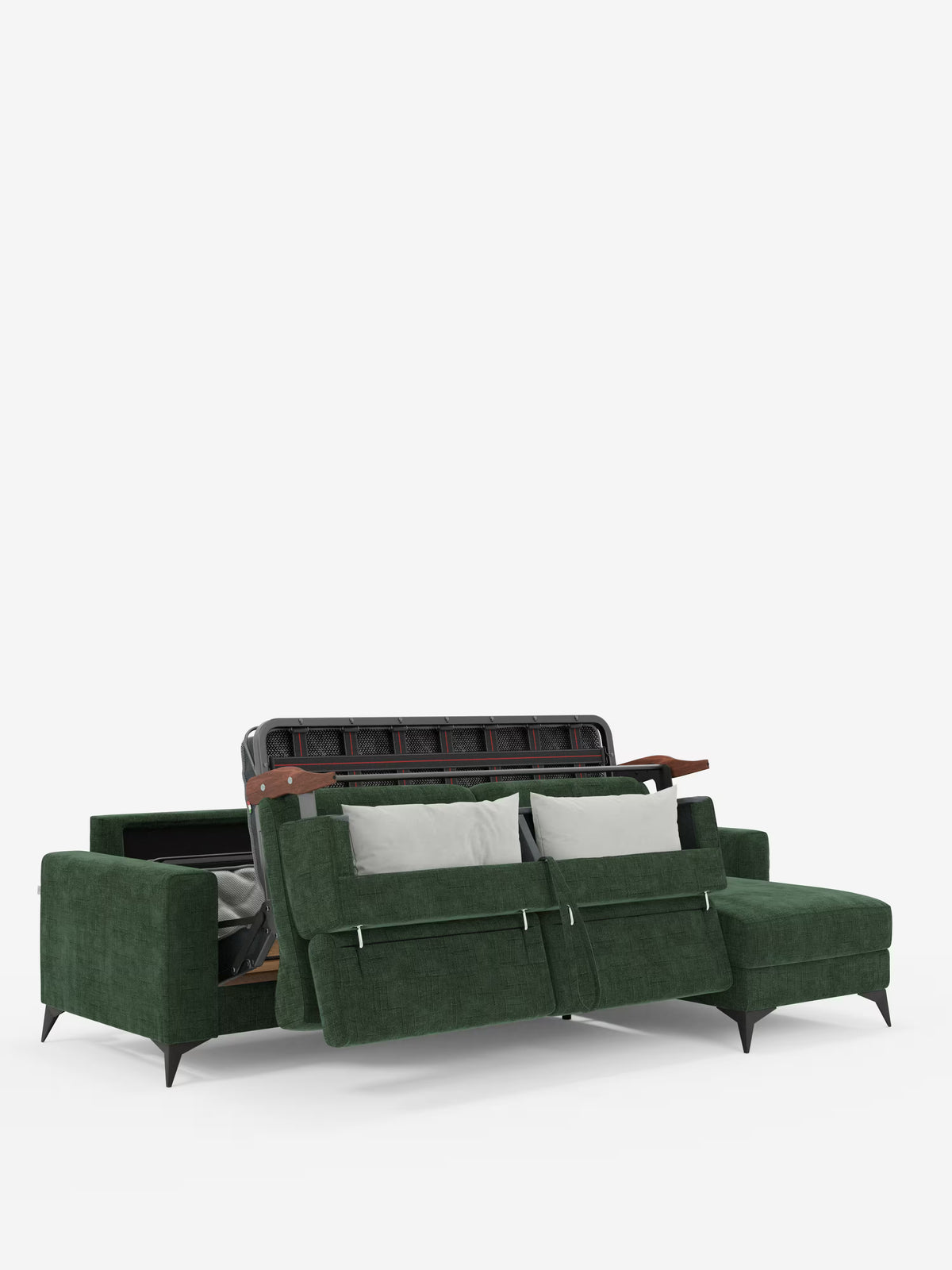 Un divano letto angolare Pegaso di colore verde scuro di Divani.Store, rivestito in tessuto jacquard T22 antimacchia, caratterizzato da sottili gambe nere, due cuscini grigio chiaro e un meccanismo di estrazione parziale che rivela uno spazio contenitore nascosto sotto la chaise longue con poggiatesta regolabili, il tutto su uno sfondo bianco.