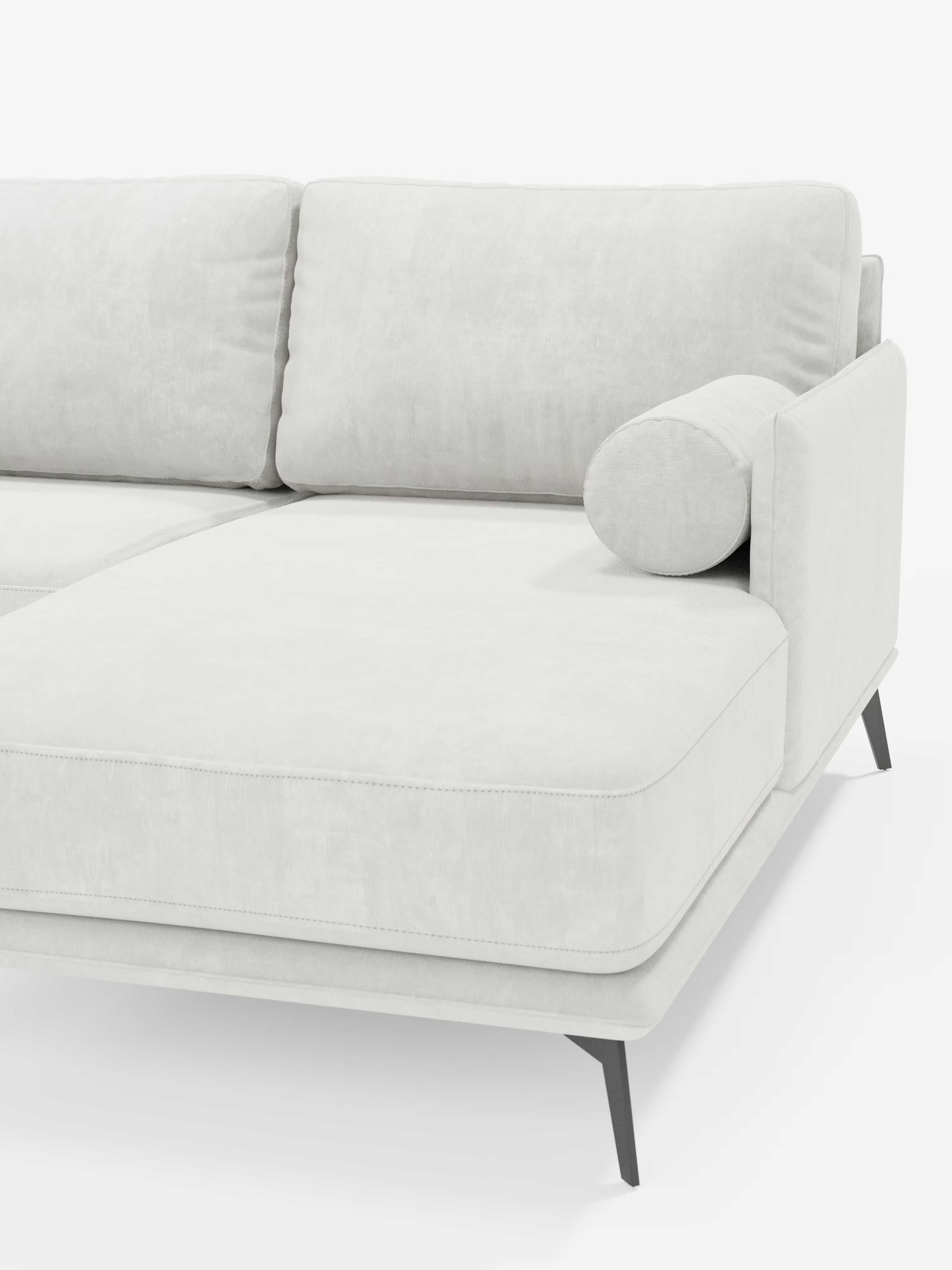 Il divano angolare moderno con penisola Basalto di Divani.Store è un divano componibile bianco, elegante e contemporaneo, dotato di morbidi cuscini in piuma rivestiti in tessuto T31 facile da pulire, un cuscino cilindrico integrato e sottili gambe angolari in metallo nero. Nell’immagine è visibile solo la sezione destra su uno sfondo bianco a tinta unita.