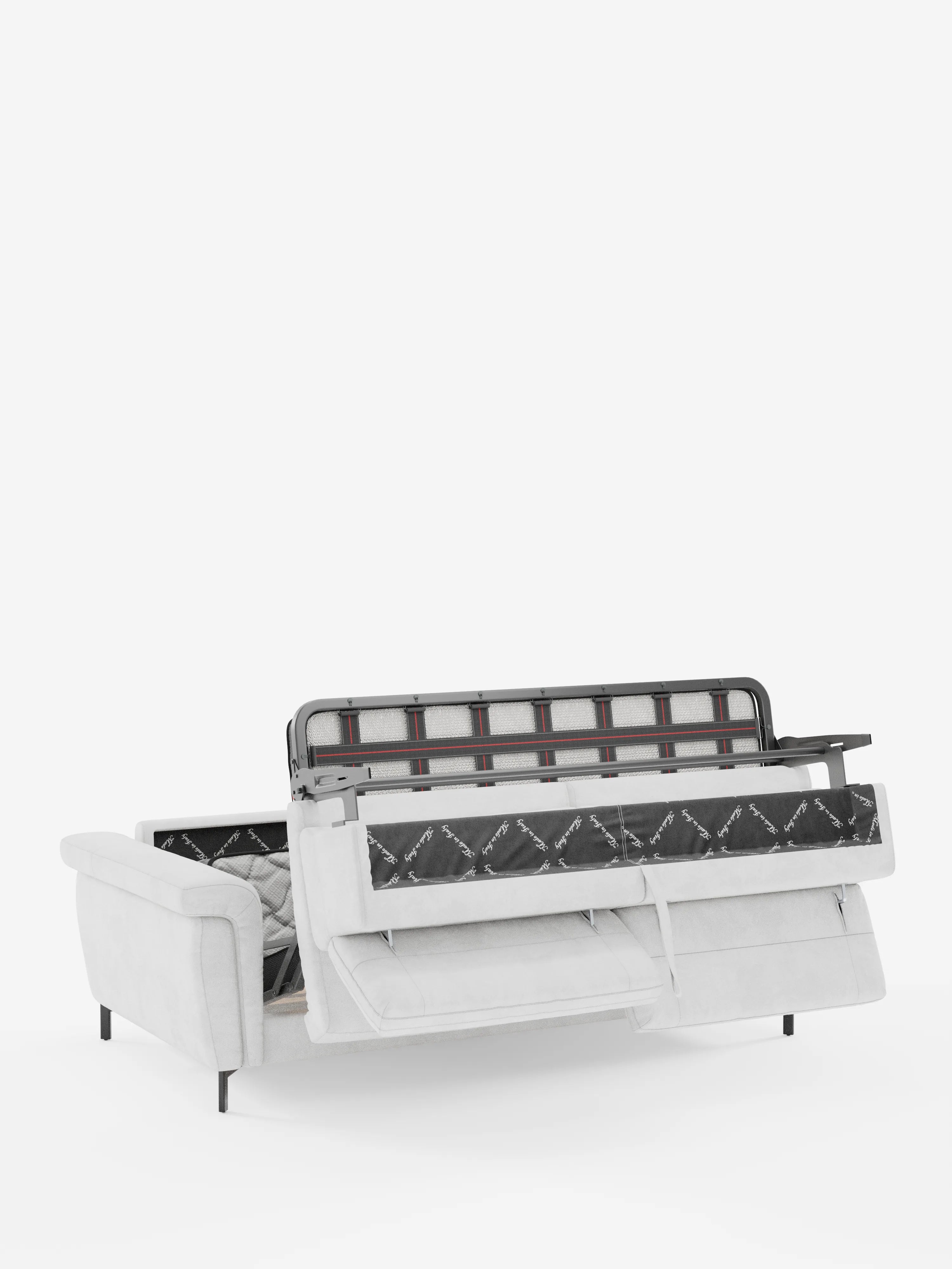 Il divano letto di design Capri con piedini alti di Divani.Store è presentato in grigio chiaro, parzialmente aperto per rivelare il meccanismo a letto estraibile nascosto, con i supporti metallici interni e la struttura del materasso a vista. Rivestito con un lussuoso tessuto effetto velluto smacchiabile T30, facile da pulire, e dotato di eleganti poggiatesta reclinabili, questo divano coniuga uno stile sofisticato e un comfort eccezionale su uno sfondo bianco a tinta unita.