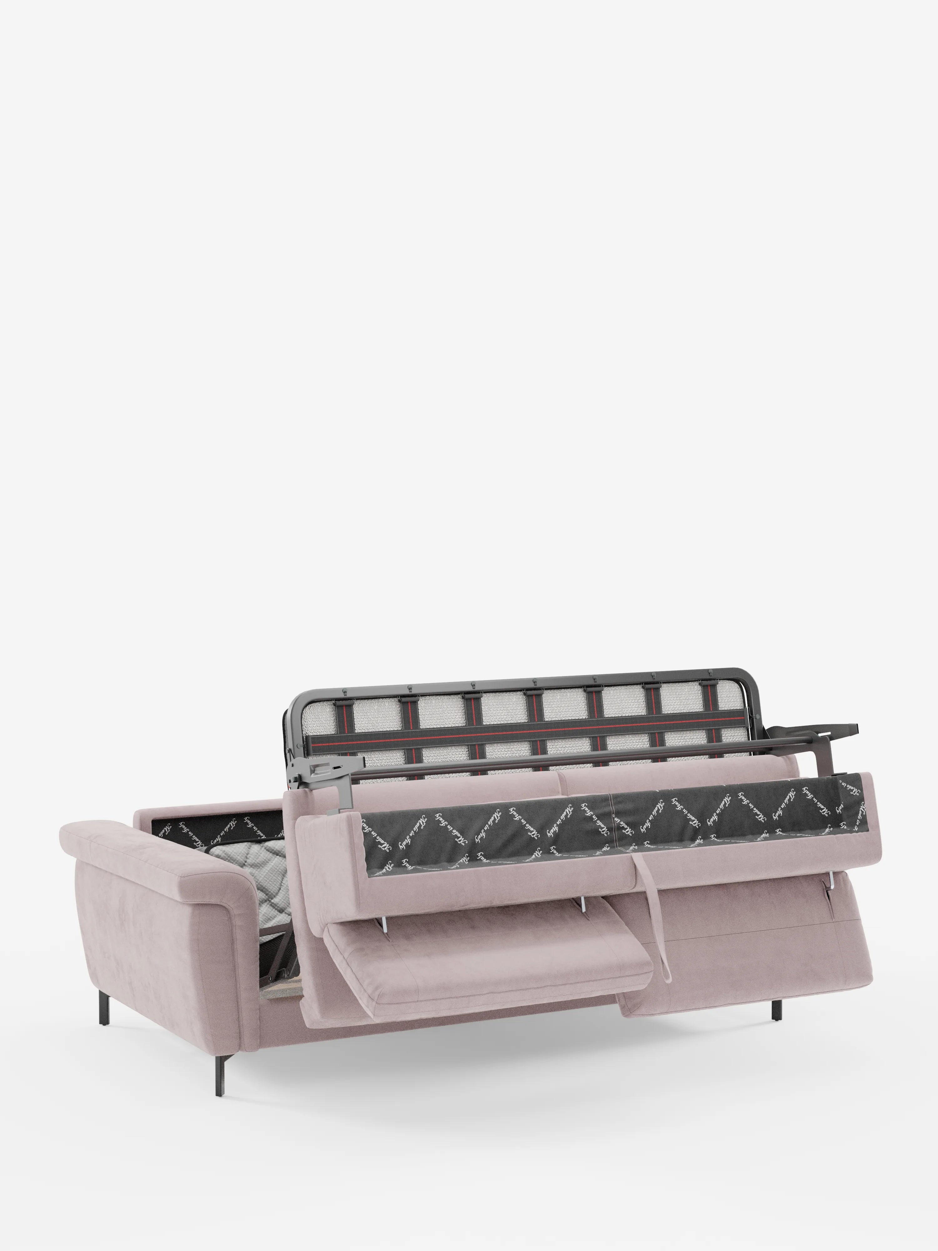 Il divano letto di design Capri di Divani.Store, rivestito in un raffinato tessuto effetto velluto T30 resistente alle macchie nei toni del rosa chiaro e dotato di gambe alte in metallo e poggiatesta regolabili, è raffigurato parzialmente aperto per mostrare la struttura in metallo nero e il materasso, mettendo in risalto la maestria artigianale italiana che ne caratterizza la trasformabilità. Il divano è posizionato su uno sfondo bianco a tinta unita.