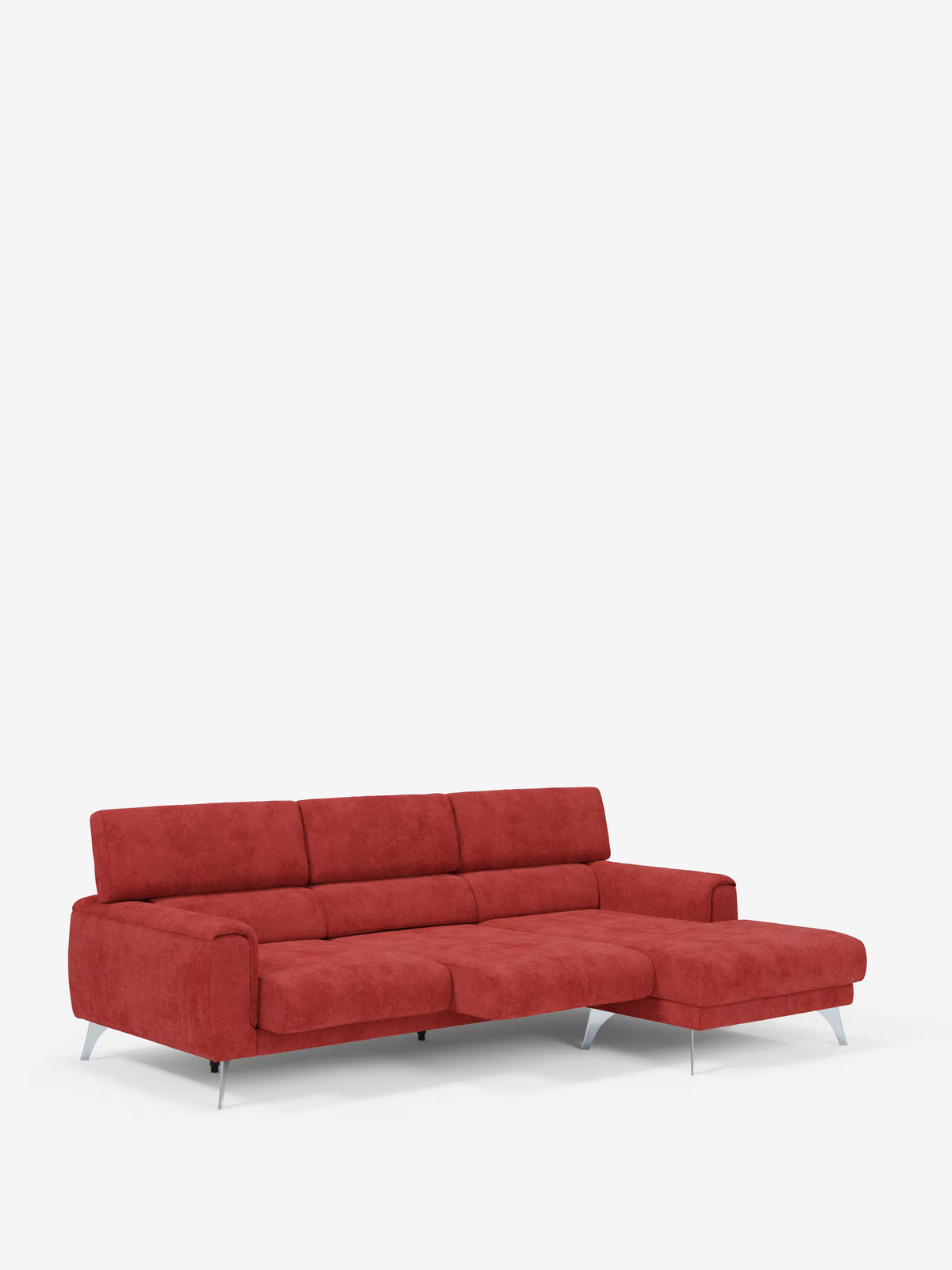 Il divano angolare Caravaggio con penisola e sedute scorrevoli in tessuto smacchiabile T31 di Divani.Store è un moderno divano componibile rosso con chaise longue sul lato destro, rivestito in tessuto facile da pulire. È dotato di tre cuscini di seduta, tre cuscini di schienale e gambe angolari color argento, il tutto in primo piano su uno sfondo bianco a tinta unita.