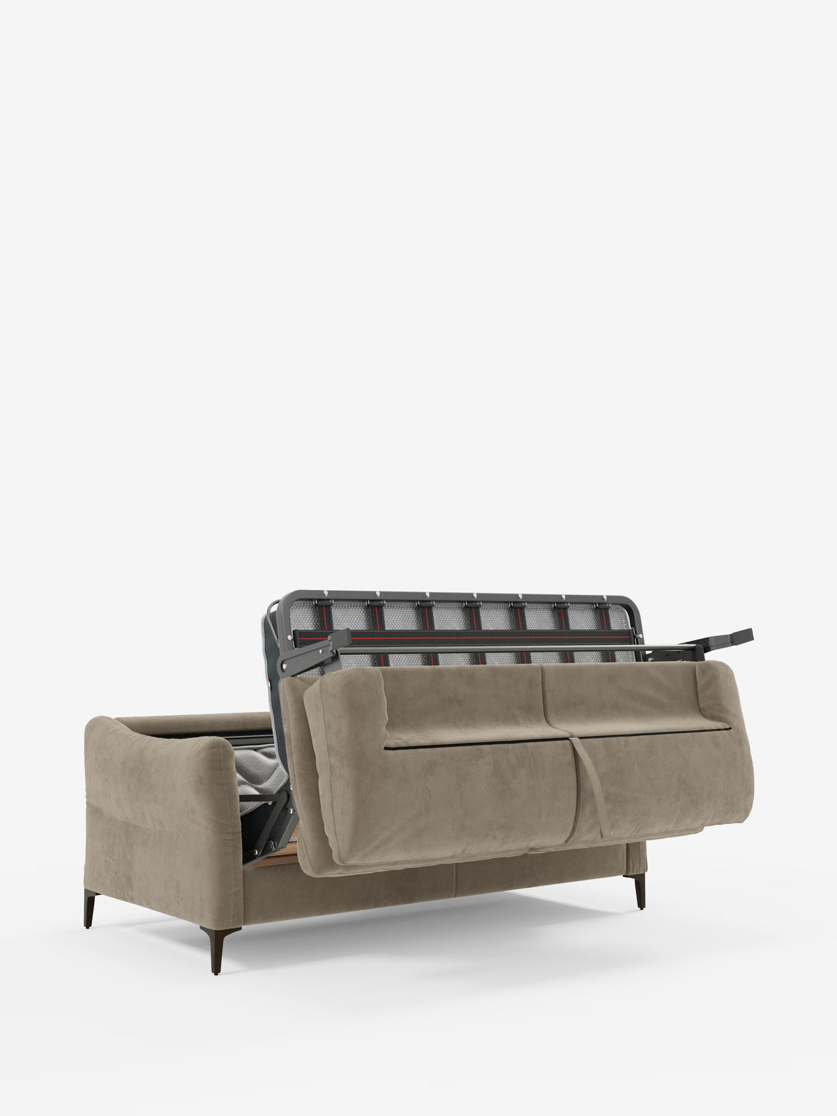Il divano letto Dalia a 2, 3 e 4 posti di Divani.Store è presentato con rivestimento in vellutino moderno smacchiabile T30 color taupe, caratterizzato da braccioli ricurvi e gambe in legno. Sollevando la seduta si scopre una struttura letto in metallo a scomparsa, completa di materasso H18 (spessore 18 cm) per un comfort maggiore. Lo sfondo è bianco a tinta unita.