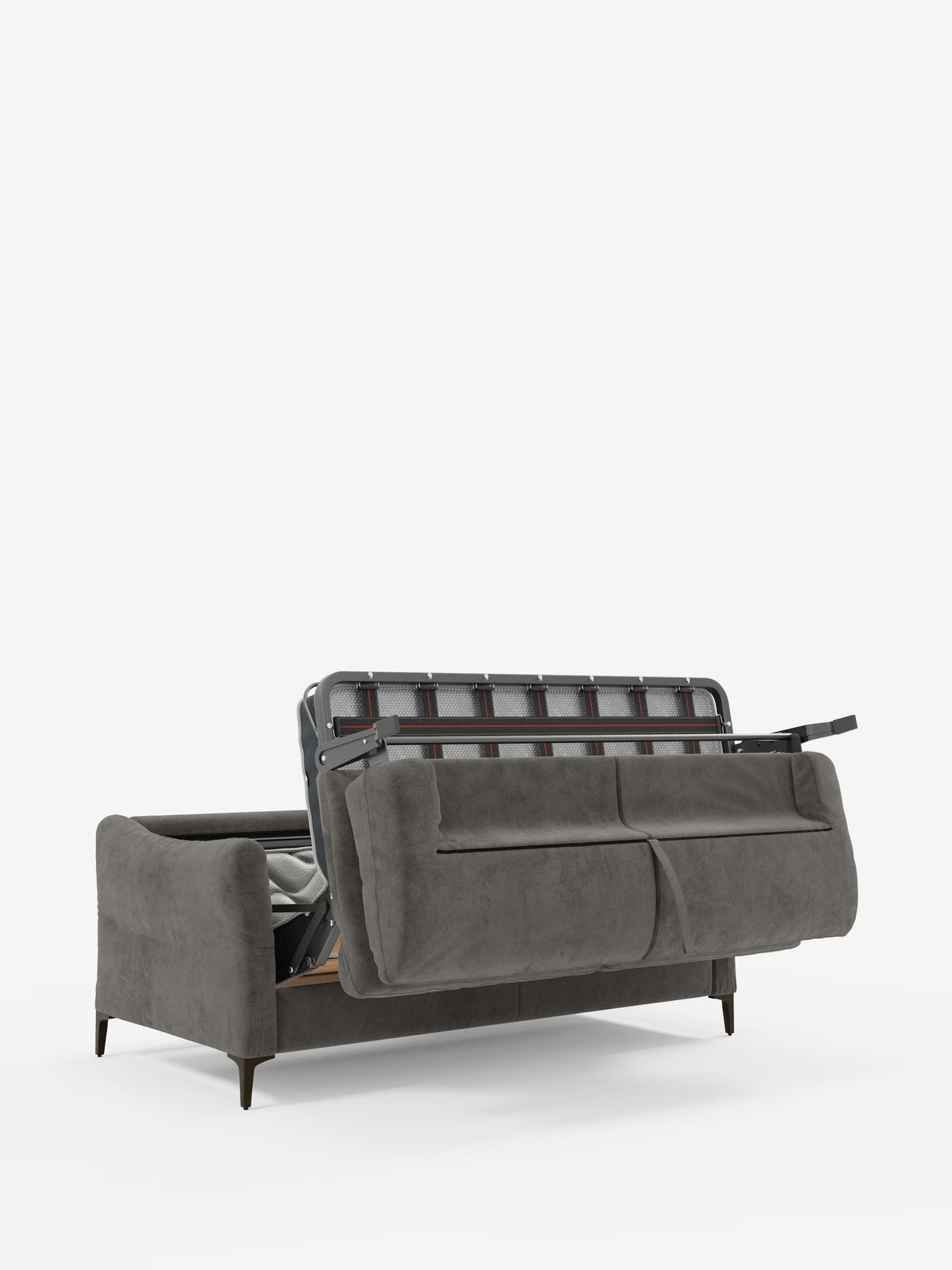Il divano letto Dalia a 2, 3 e 4 posti con materasso H18 di Divani.Store è presentato in tessuto di velluto T30 grigio, moderno e resistente alle macchie, con lo schienale sollevato per rivelare un meccanismo nascosto che consente di trasformare il divano in letto. Questo divano presenta braccioli arrotondati e gambe corte in legno, e il suo design versatile include un comodo materasso da 18 cm, il tutto su uno sfondo bianco a tinta unita.