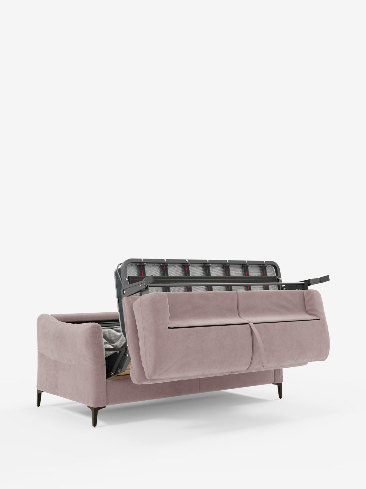 Il divano letto Dalia a 2, 3 e 4 posti con materasso H18 di Divani.Store è presentato in un morbido tessuto vellutato smacchiabile color malva T30, caratterizzato da braccioli dalle curve aggraziate. Sollevando la seduta si scopre un ampio vano portaoggetti nascosto, con interni neri e robuste cerniere in metallo. Sostenuto da gambe angolate scure, questo divano moderno coniuga perfettamente il comfort elegante con la praticità di un comodo e versatile divano letto.
