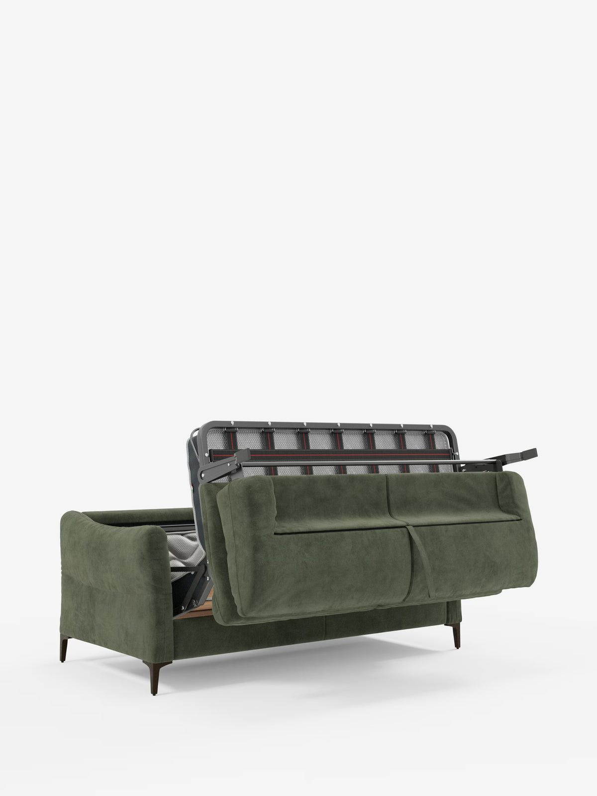 Visto da dietro, con lo schienale ribaltato a rivelare la struttura metallica del letto al suo interno, il divano letto Dalia a 2, 3 e 4 posti con materasso H18, realizzato in moderno tessuto vellutino smacchiabile T30 di Divani.Store, suggerisce la sua versatile trasformazione in una spaziosa zona notte. Questo divano di ispirazione scandinava presenta linee pulite, morbidi cuscini e gambe affusolate in legno scuro, il tutto su uno sfondo bianco a tinta unita.
