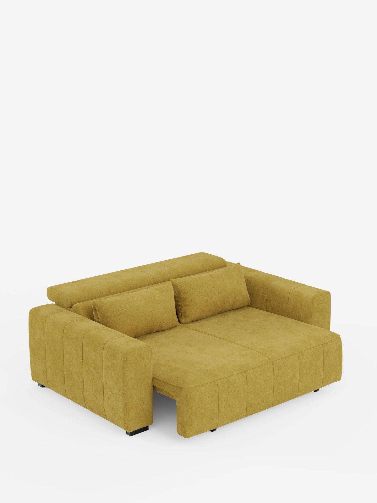 Un moderno divano dorico a 3 posti color giallo senape, con sedute allungabili tramite sistema relax elettrico di Divani.Store, spicca su uno sfondo bianco, caratterizzato da morbidi cuscini, ampi braccioli e uno schienale con poggiatesta reclinabile. Rivestito in tessuto T23 facile da pulire, questo divano sfoderabile coniuga con disinvoltura stile e funzionalità: perfetto per gli spazi abitativi contemporanei.