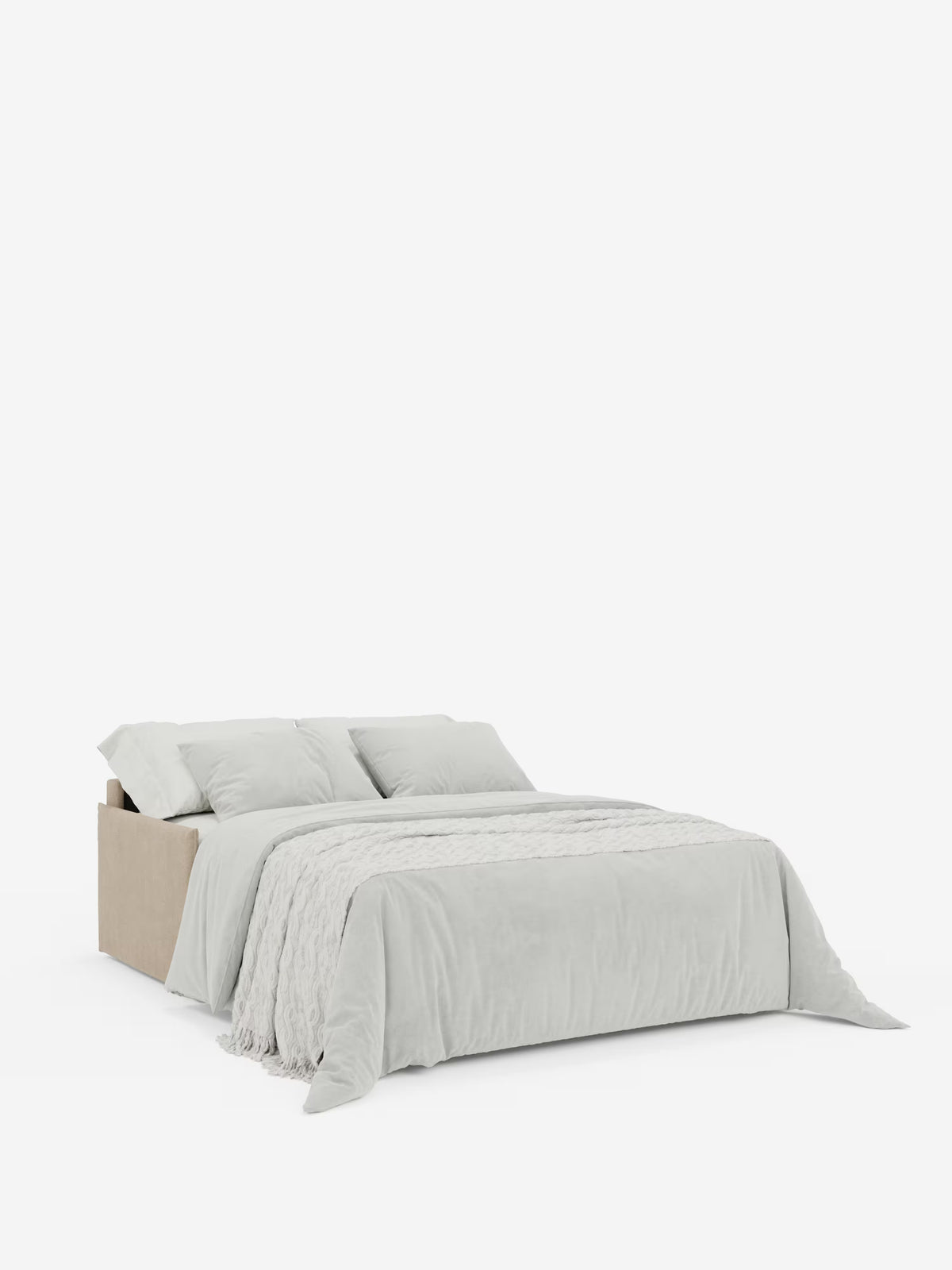 Il divano letto matrimoniale sfoderabile Evans di Divani.Store presenta un design moderno e compatto con una base imbottita in beige chiaro, completata da due cuscini e un piumone grigio chiaro. Una coperta decorativa grigio chiaro dalla trama rigata è adagiata sul letto su uno sfondo bianco a tinta unita. Realizzato in tessuto T23 facile da pulire e dotato di un pratico vano porta-cuscini, questo versatile complemento d’arredo coniuga con disinvoltura stile e funzionalità in qualsiasi ambiente.