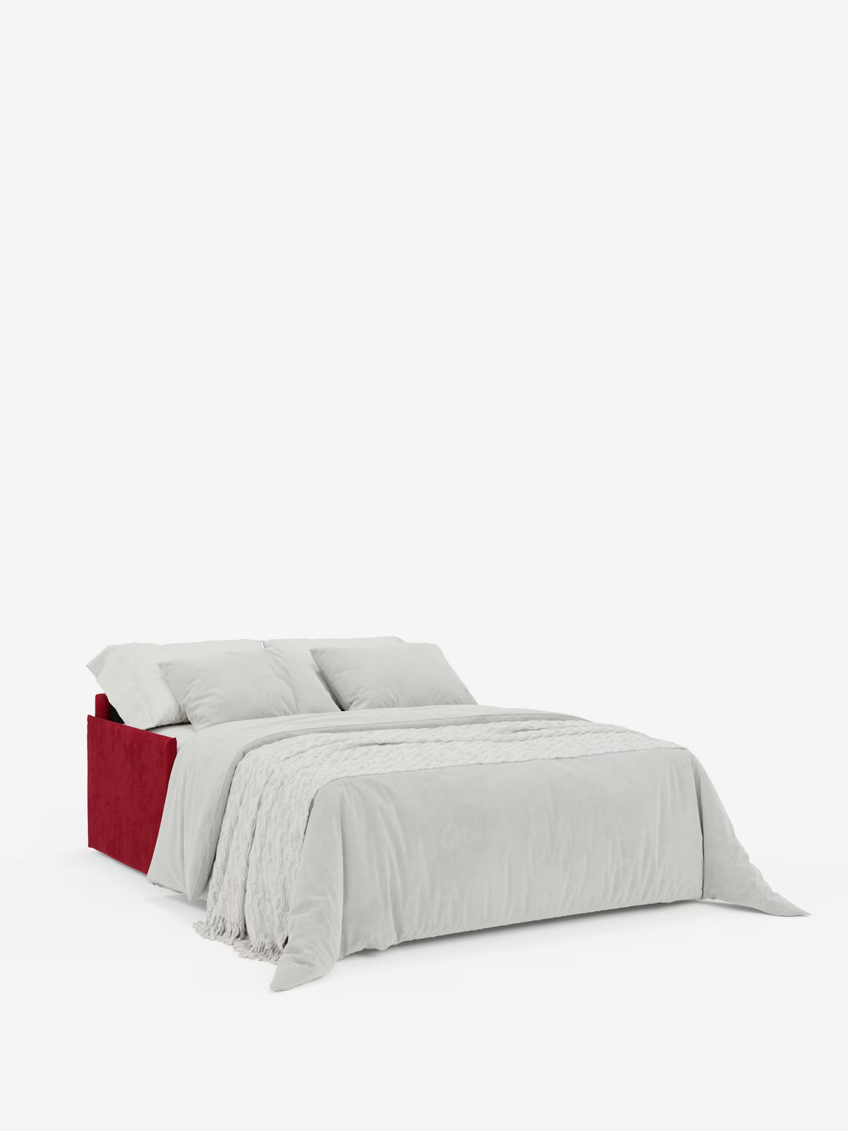 Il divano letto matrimoniale sfoderabile Evans di Divani.Store presenta una moderna base imbottita rossa, biancheria da letto grigio chiaro, due cuscini e un’accogliente coperta testurizzata, il tutto su uno sfondo bianco a tinta unita. Combinando il comfort spazioso di un materasso grande con l’eleganza pratica di un divano salvaspazio, questo design compatto include un tessuto T23 facile da pulire e un comodo vano integrato per riporre i cuscini.
